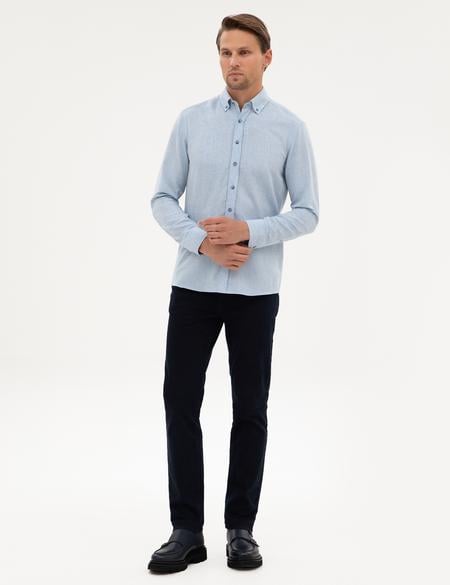 Açık Mavi Flanel Dokulu Slim Fit Uzun Kollu Gömlek - 50316751089