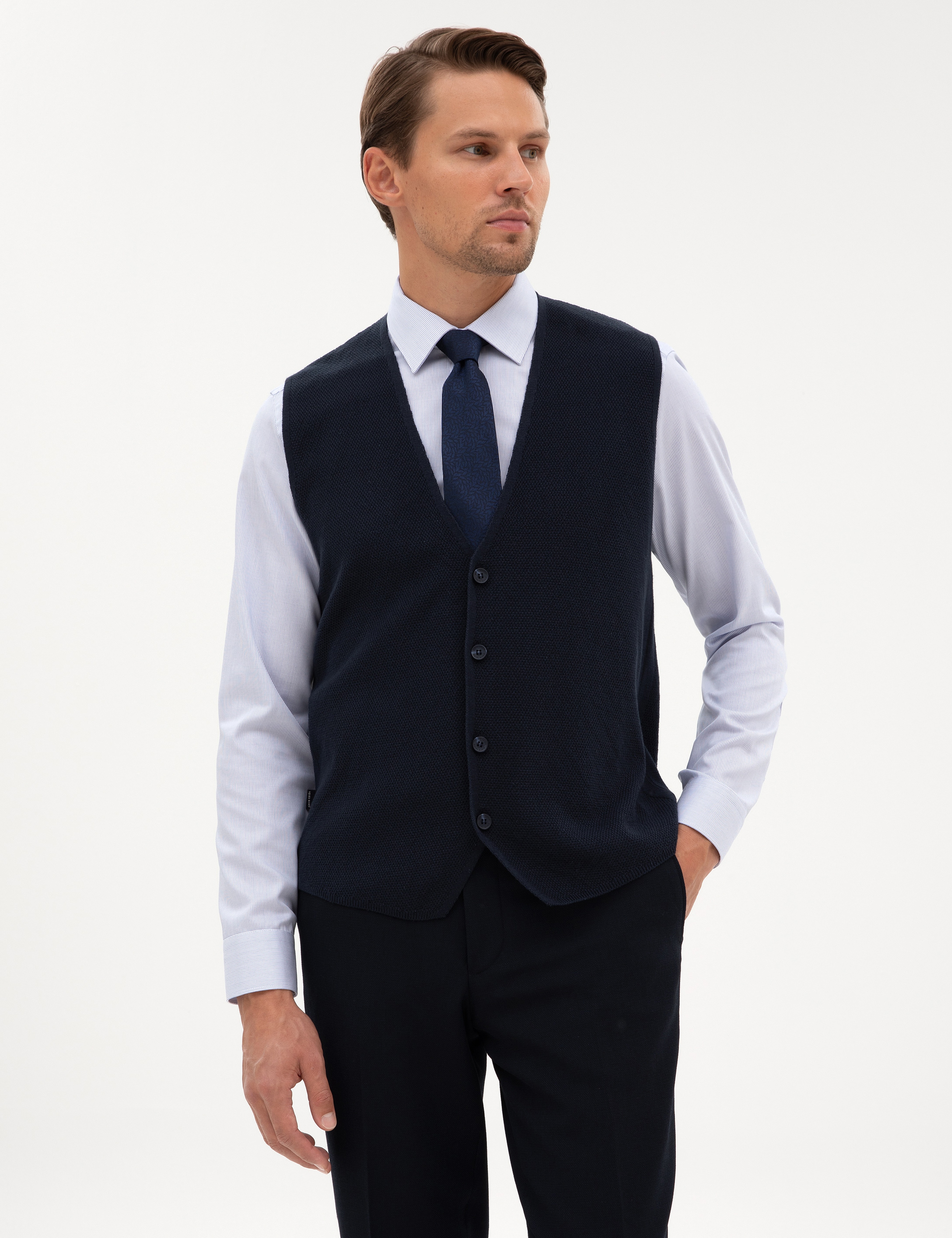Lacivert Slim Fit V Yaka Triko Yelek - Image 3