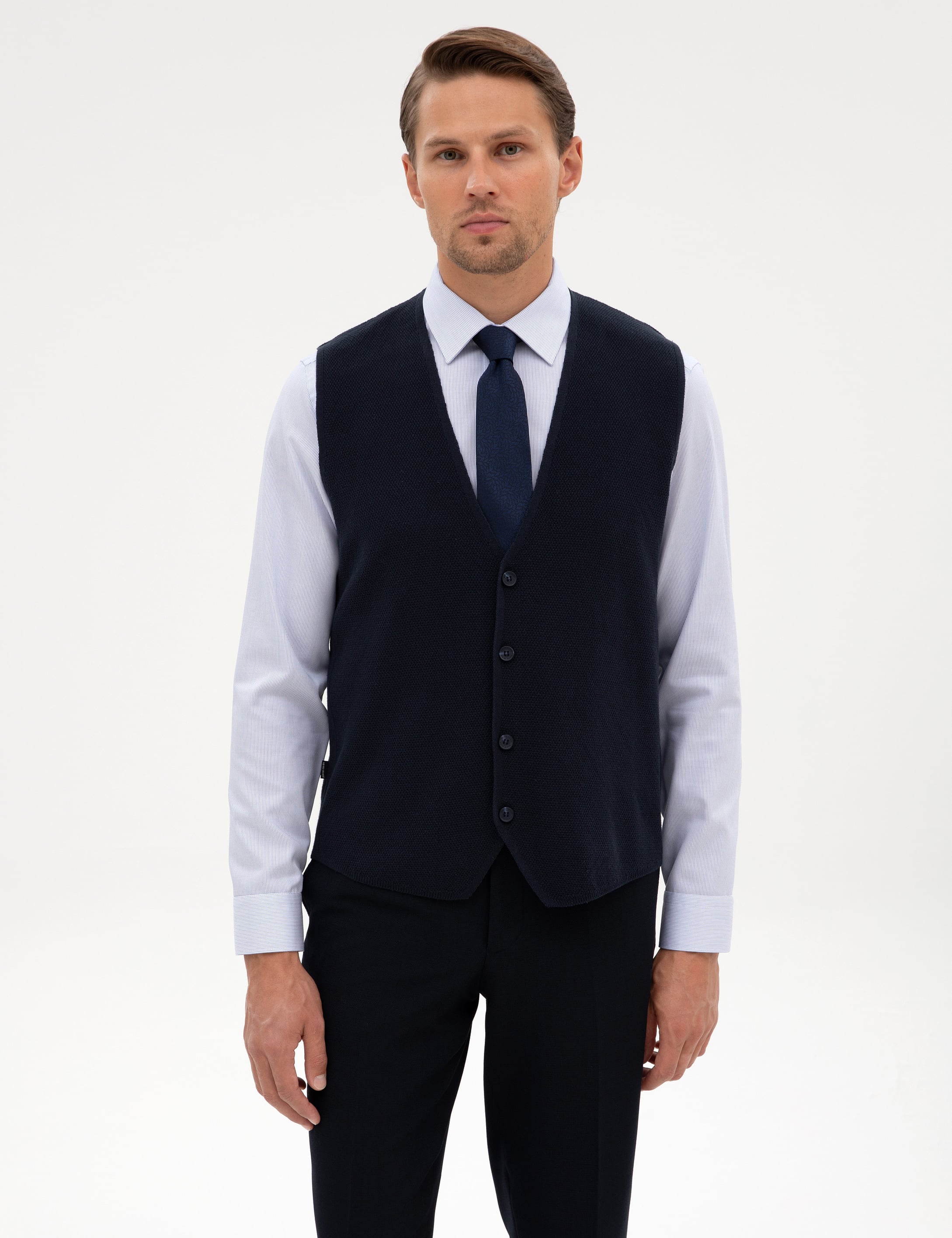 Lacivert Slim Fit V Yaka Triko Yelek
