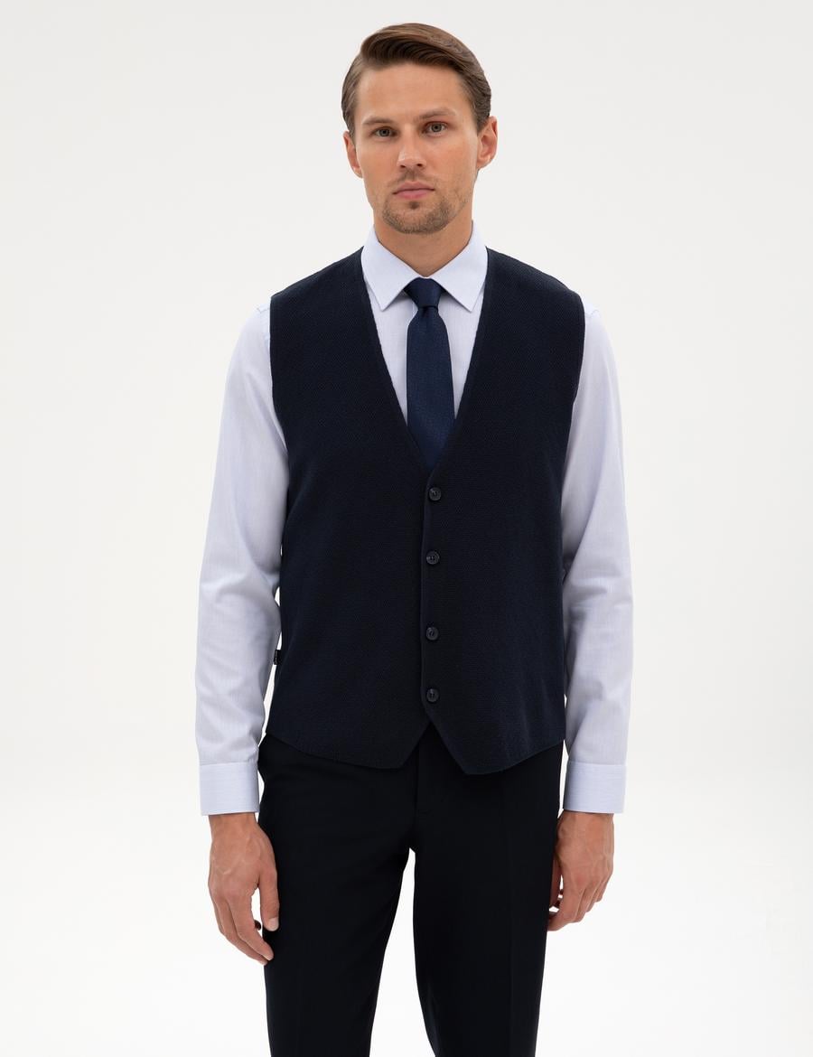 Lacivert Slim Fit V Yaka Triko Yelek