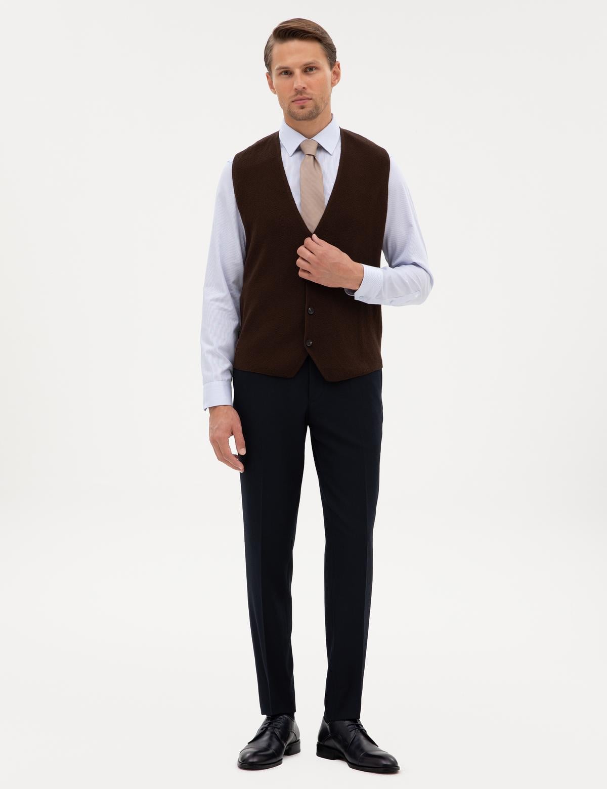 Koyu Kahverengi Slim Fit V Yaka Triko Yelek - 50317313047