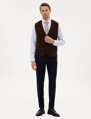 Koyu Kahverengi Slim Fit V Yaka Triko Yelek