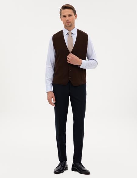 Koyu Kahverengi Slim Fit V Yaka Triko Yelek - 50317313047