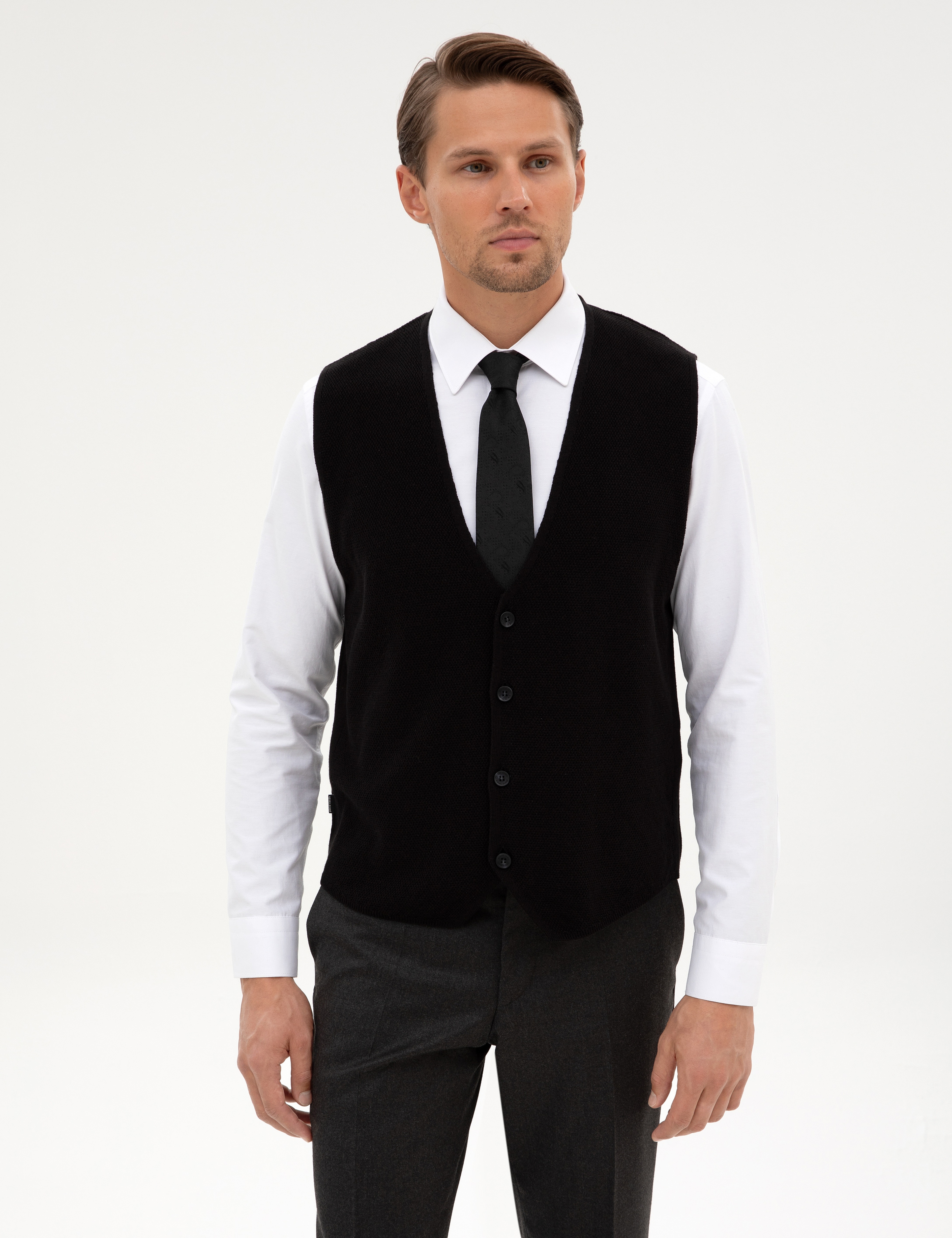 Siyah Slim Fit V Yaka Triko Yelek