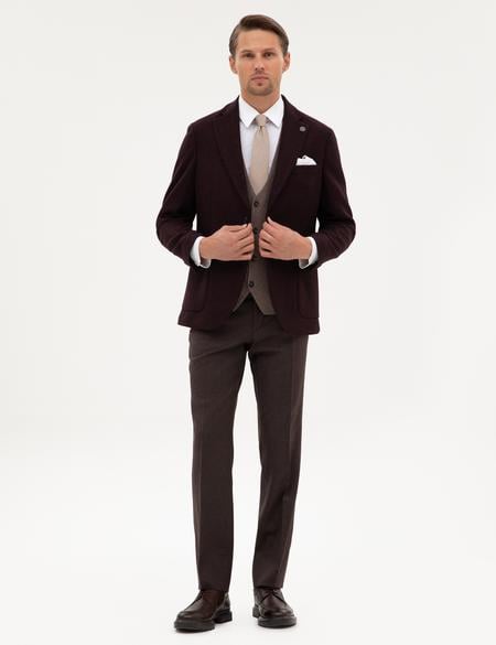 Bordo Slim Fit Yün İpek Karışımlı Ceket - 50311227071