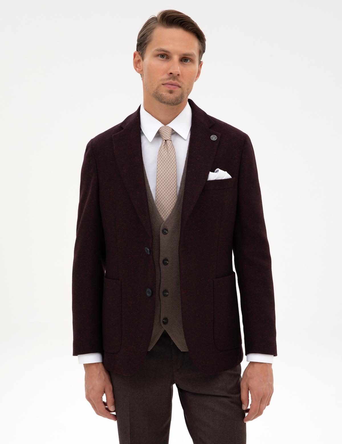 Bordo Slim Fit Yün İpek Karışımlı Ceket