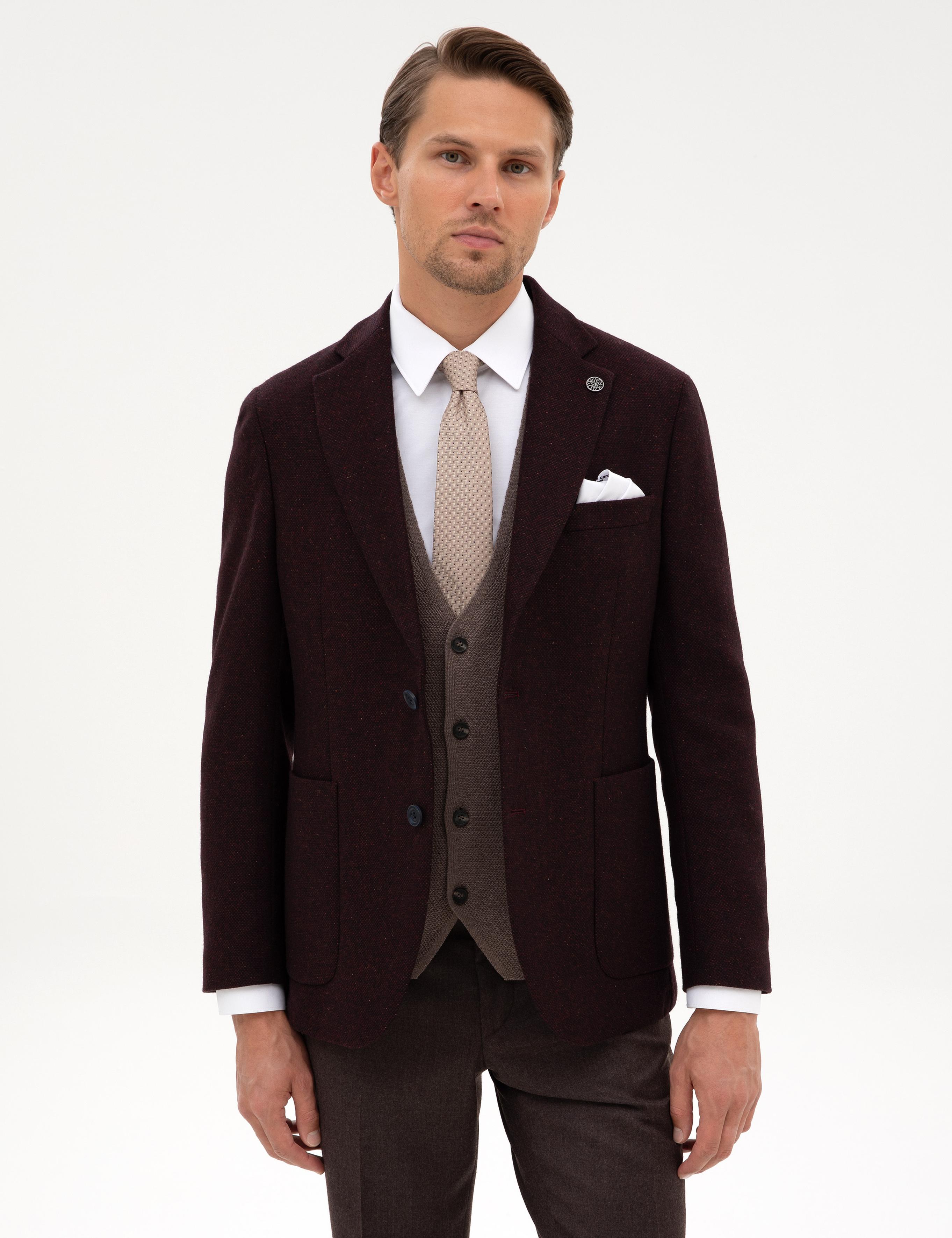 Bordo Slim Fit Yün İpek Karışımlı Ceket