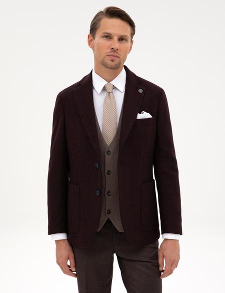 Bordo Slim Fit Yün İpek Karışımlı Ceket - 50311227071