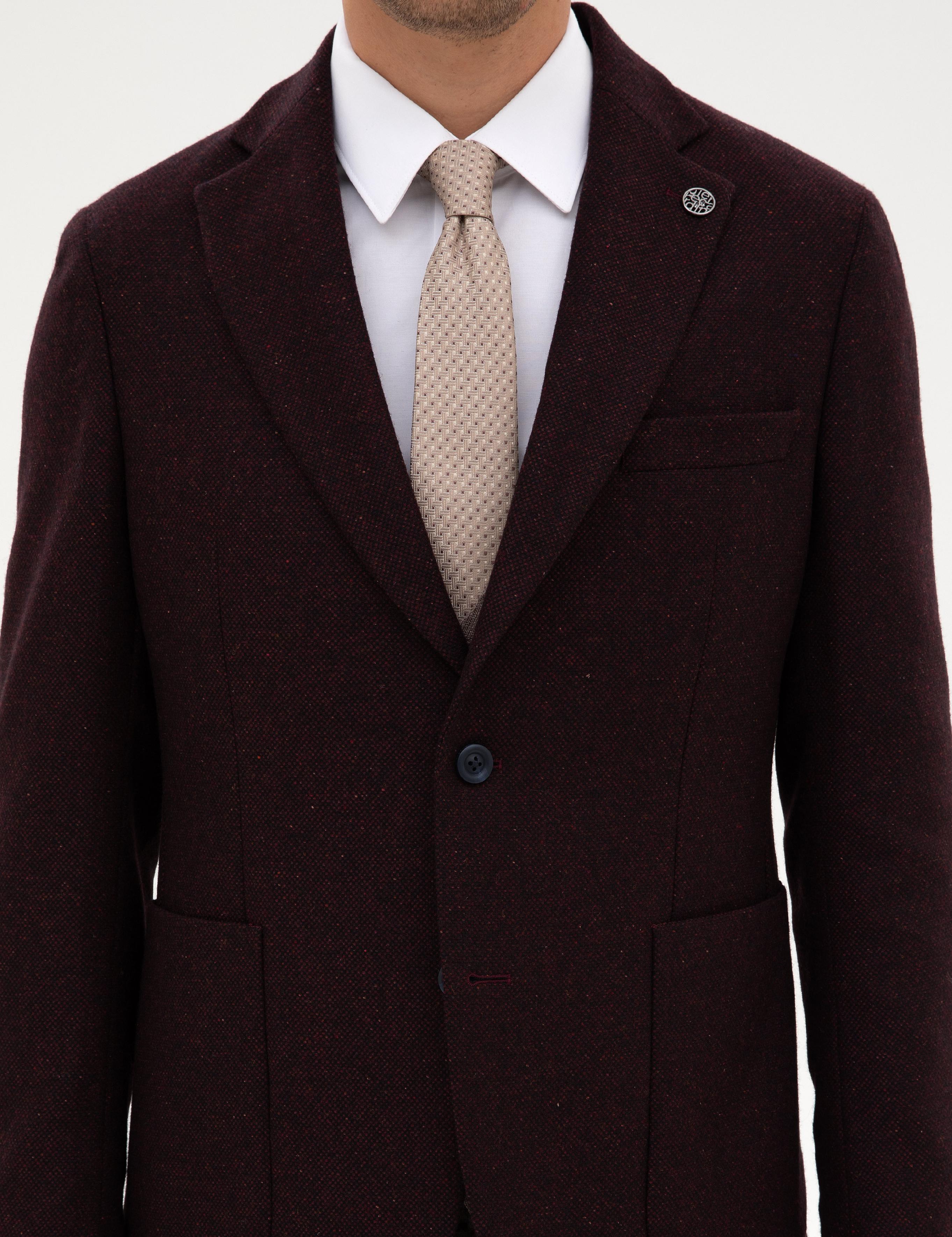 Bordo Slim Fit Yün İpek Karışımlı Ceket