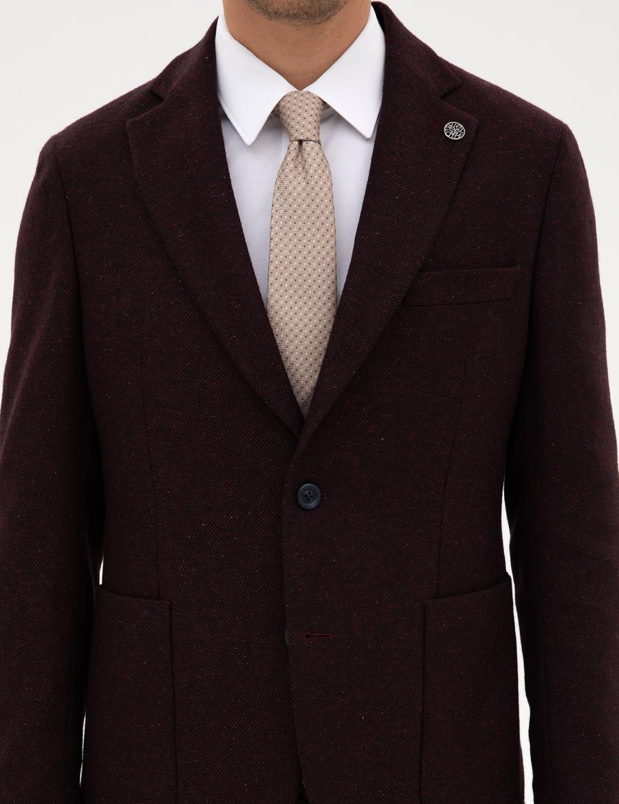 Bordo Slim Fit Yün İpek Karışımlı Ceket