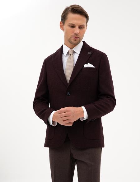 Bordo Slim Fit Yün İpek Karışımlı Ceket - 50311227071
