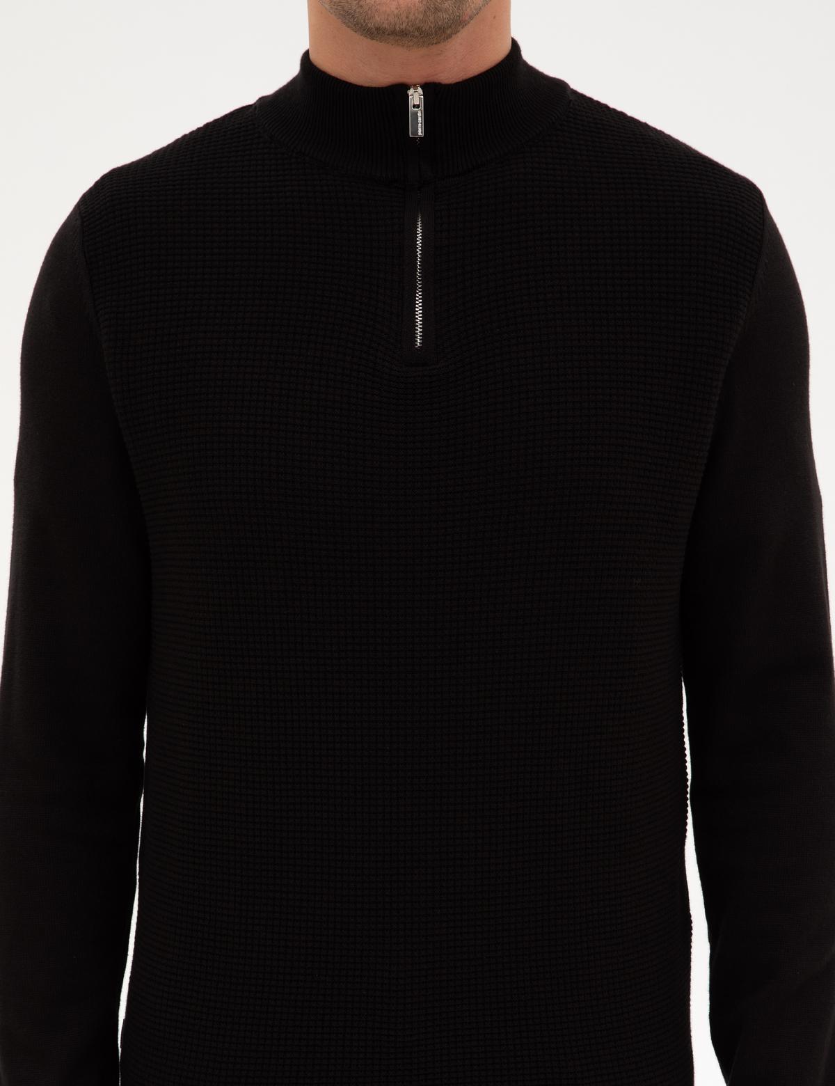 Siyah Slim Fit Dik Yaka Fermuarlı Triko Kazak - 50317397027