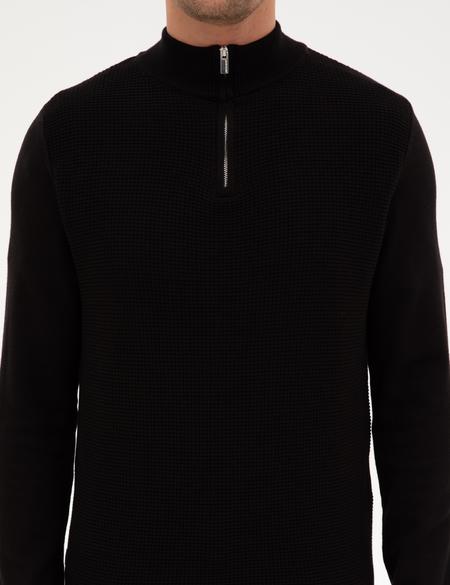 Siyah Slim Fit Dik Yaka Fermuarlı Triko Kazak - 50317397027