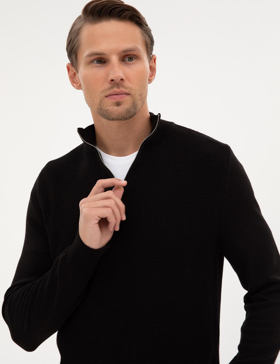 Siyah Slim Fit Dik Yaka Fermuarlı Triko Kazak