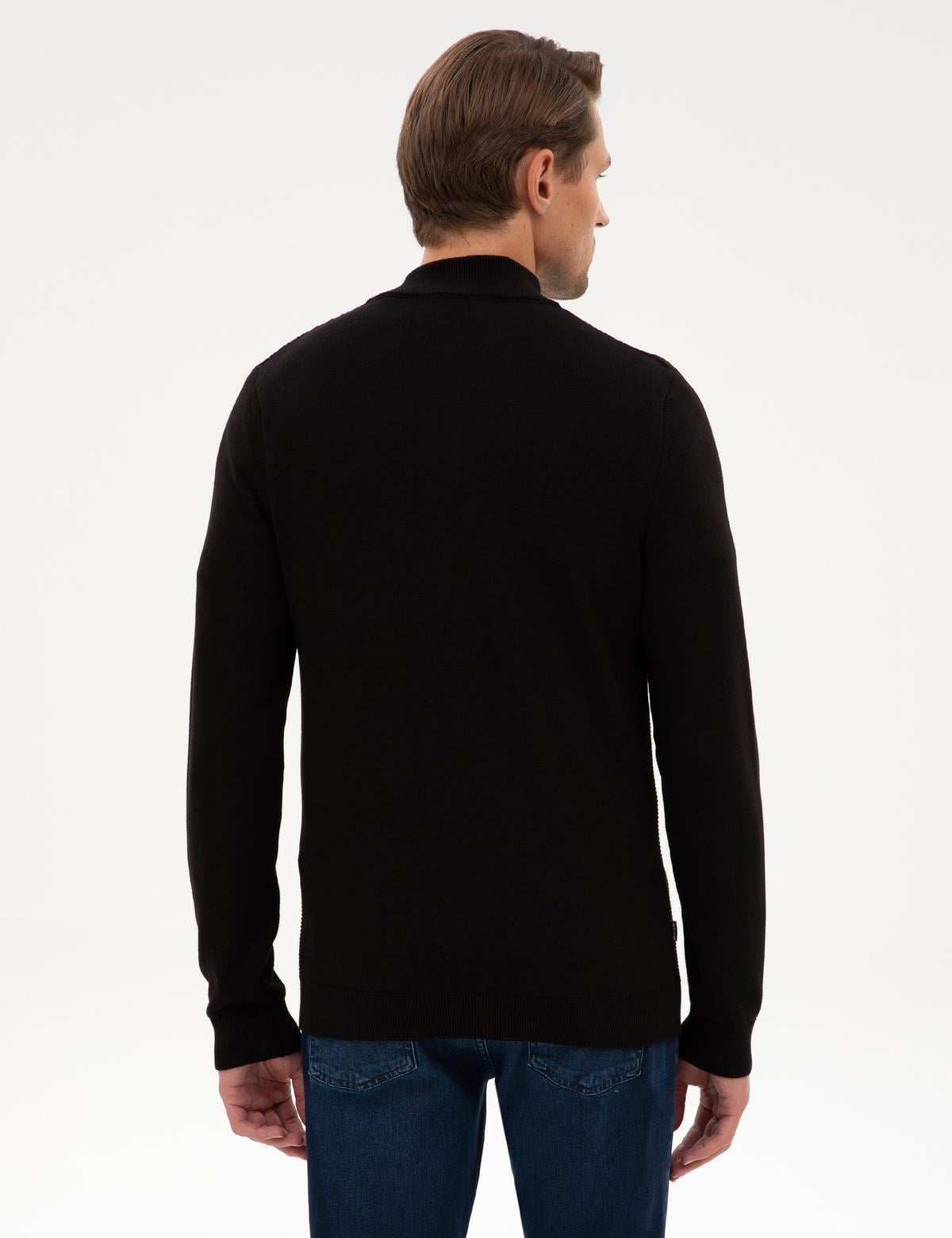 Siyah Slim Fit Dik Yaka Fermuarlı Triko Kazak - 50317397027