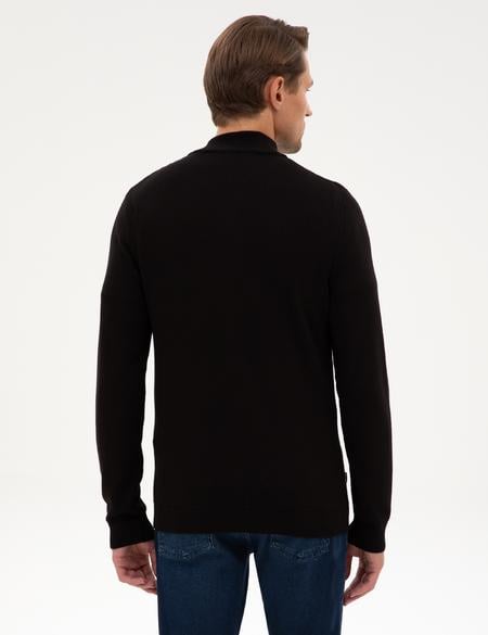 Siyah Slim Fit Dik Yaka Fermuarlı Triko Kazak - 50317397027