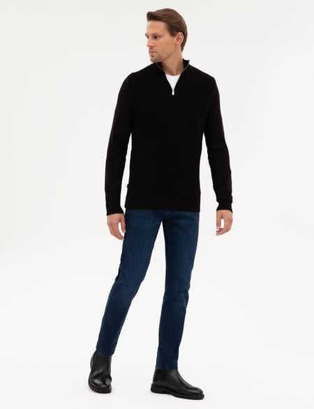 Siyah Slim Fit Dik Yaka Fermuarlı Triko Kazak - 50317397027