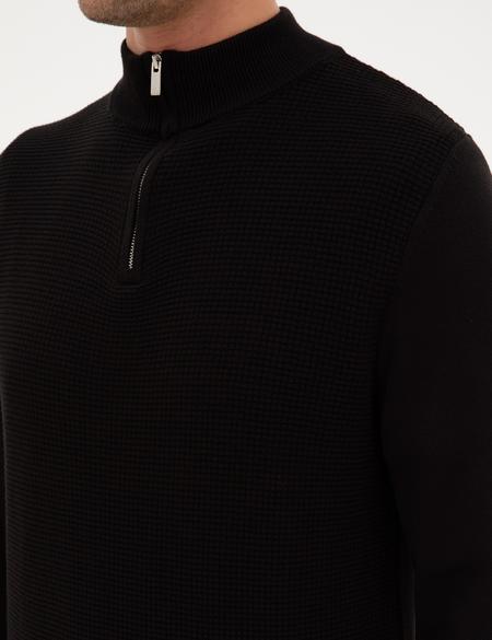 Siyah Slim Fit Dik Yaka Fermuarlı Triko Kazak - 50317397027