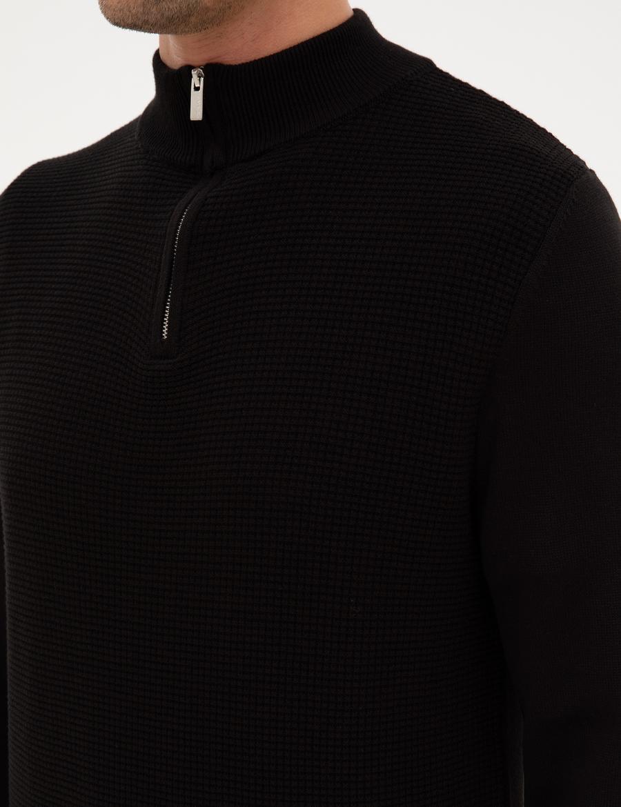 Siyah Slim Fit Dik Yaka Fermuarlı Triko Kazak