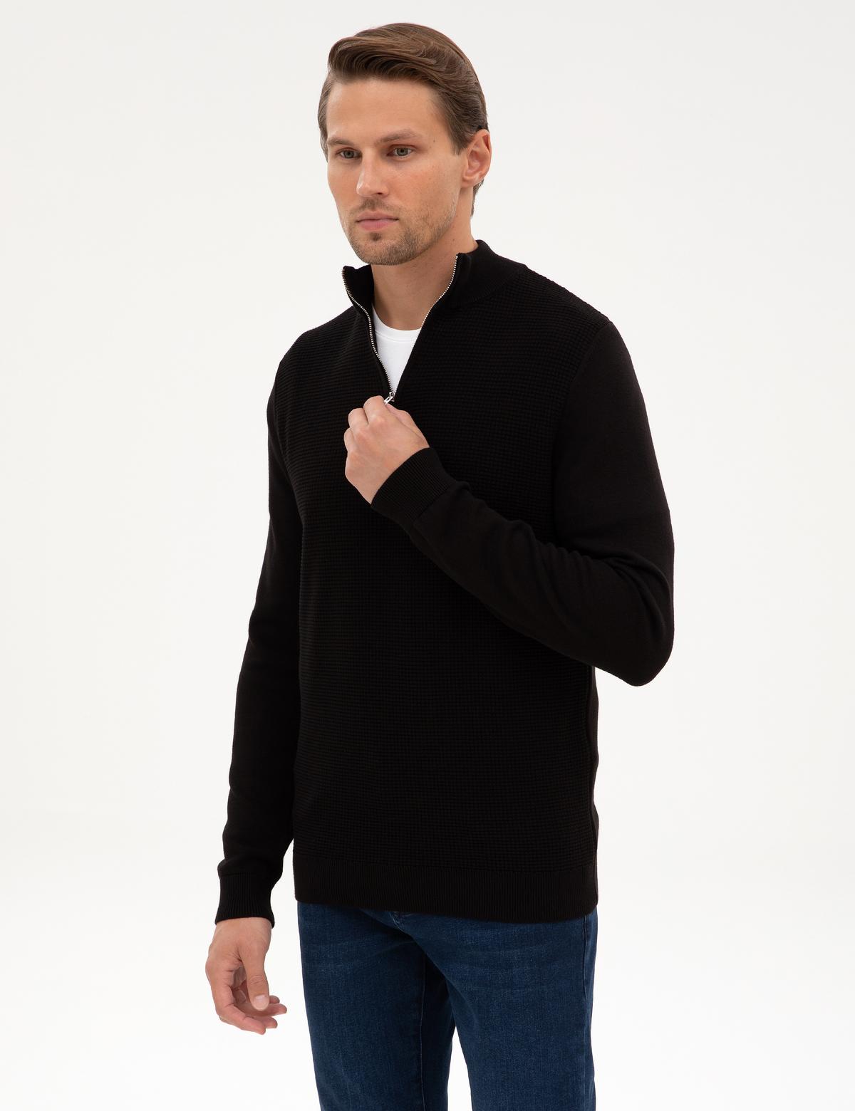 Siyah Slim Fit Dik Yaka Fermuarlı Triko Kazak - 50317397027