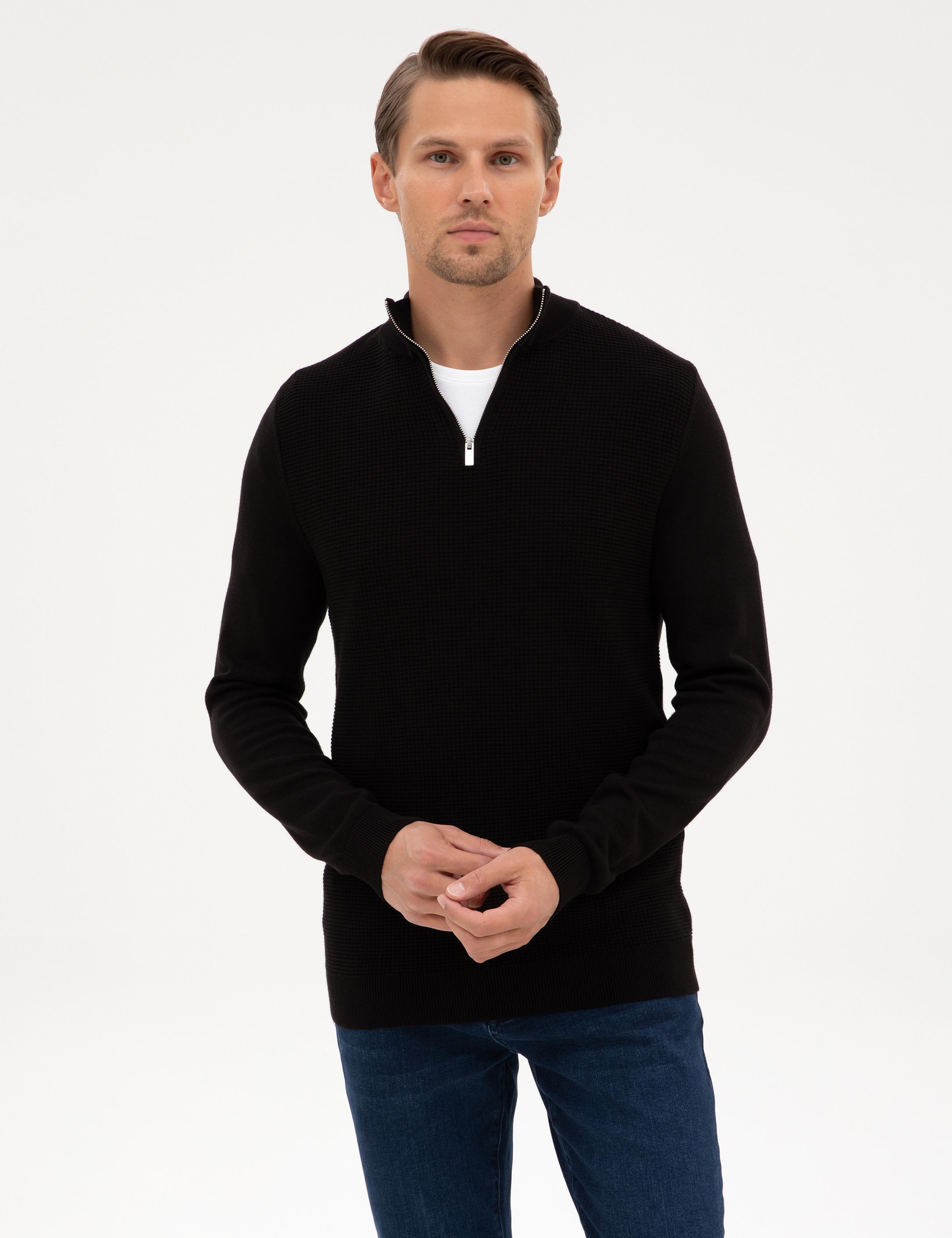 Siyah Slim Fit Dik Yaka Fermuarlı Triko Kazak