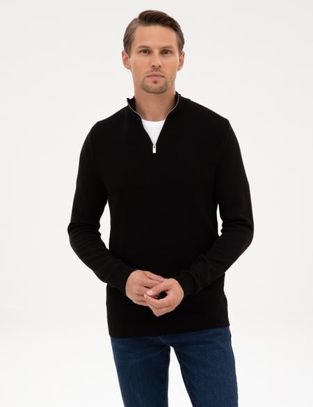 Siyah Slim Fit Dik Yaka Fermuarlı Triko Kazak - 50317397027