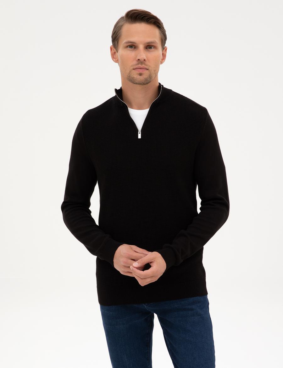 Siyah Slim Fit Dik Yaka Fermuarlı Triko Kazak