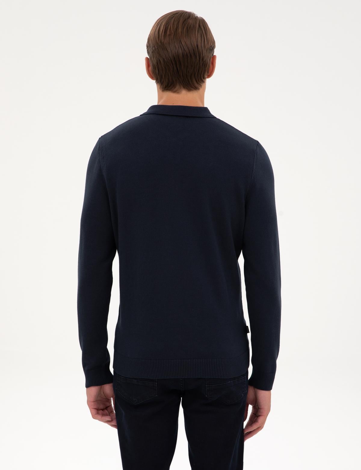 Lacivert Slim Fit Polo Yaka Fermuarlı Triko Kazak - 50317398006