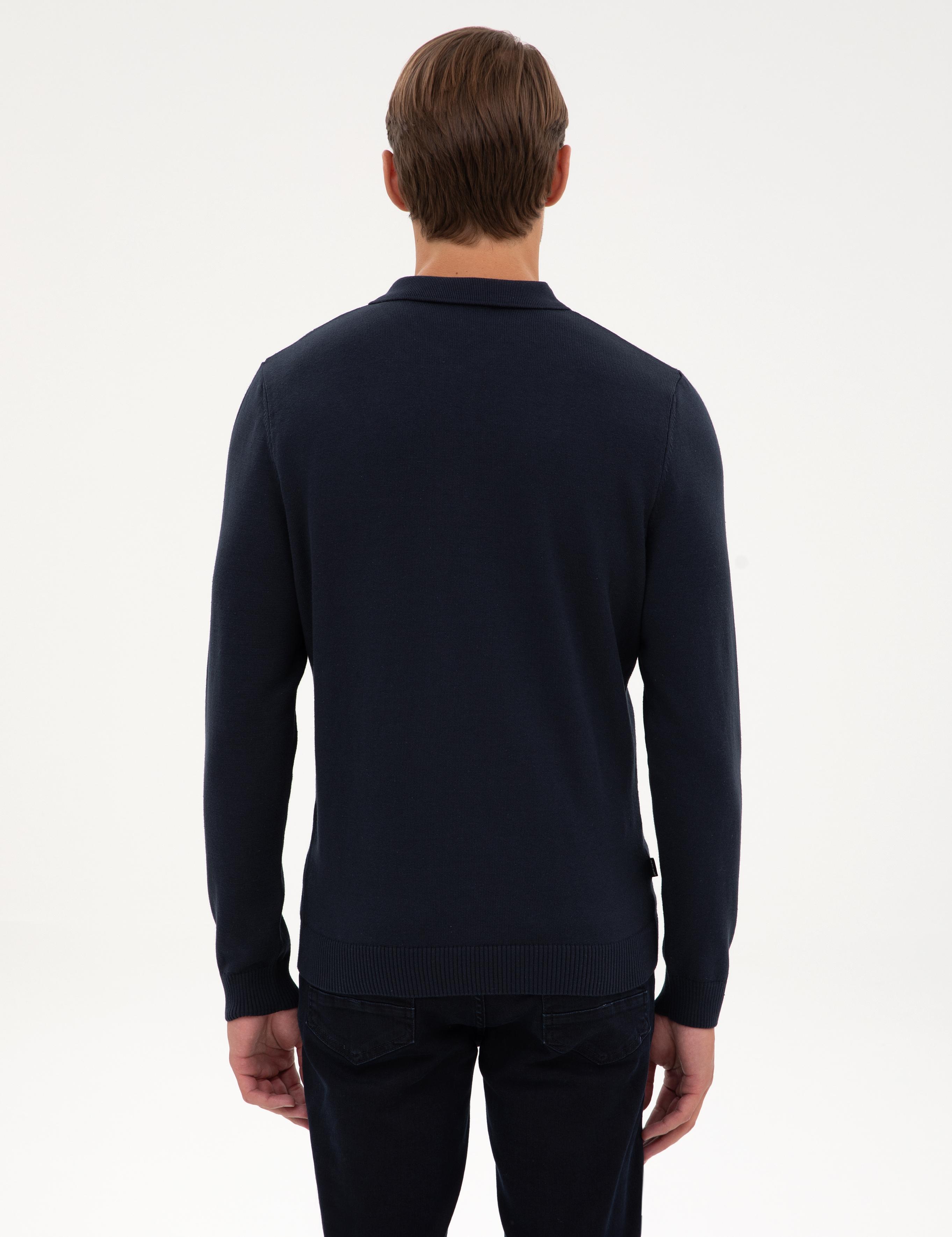 Lacivert Slim Fit Polo Yaka Fermuarlı Triko Kazak