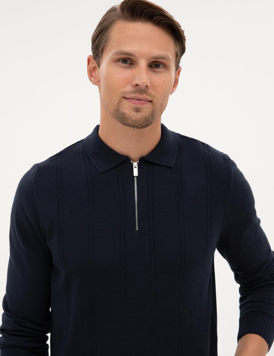 Lacivert Slim Fit Polo Yaka Fermuarlı Triko Kazak