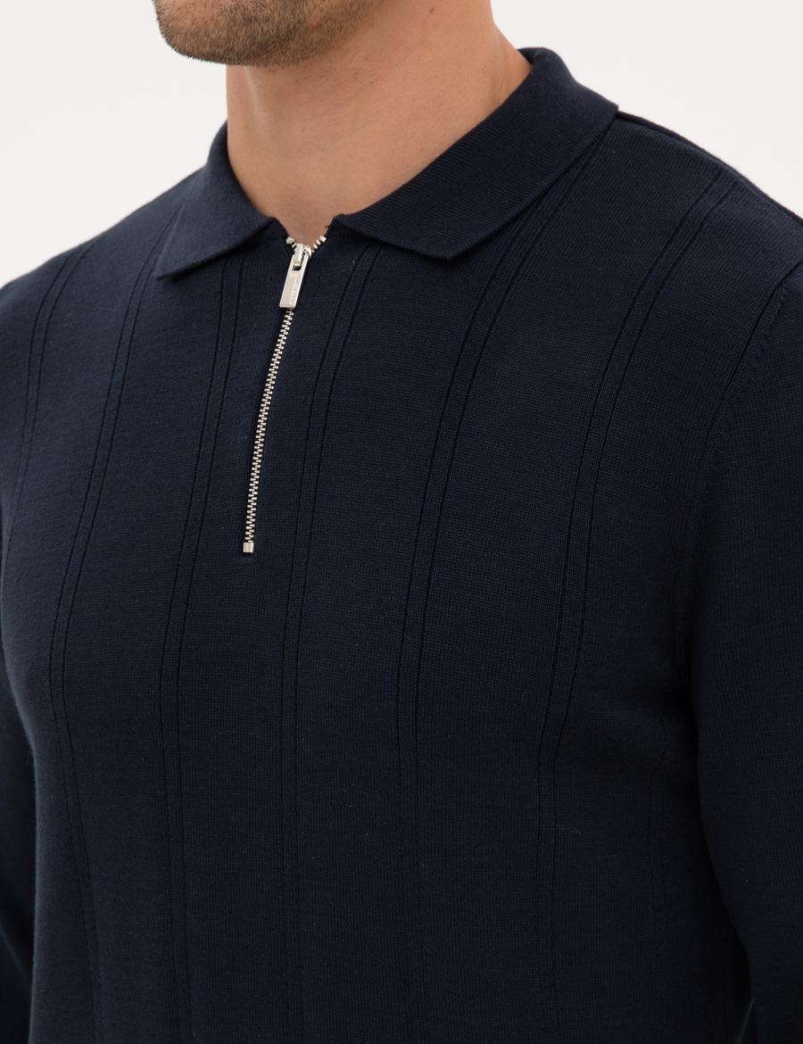 Lacivert Slim Fit Polo Yaka Fermuarlı Triko Kazak