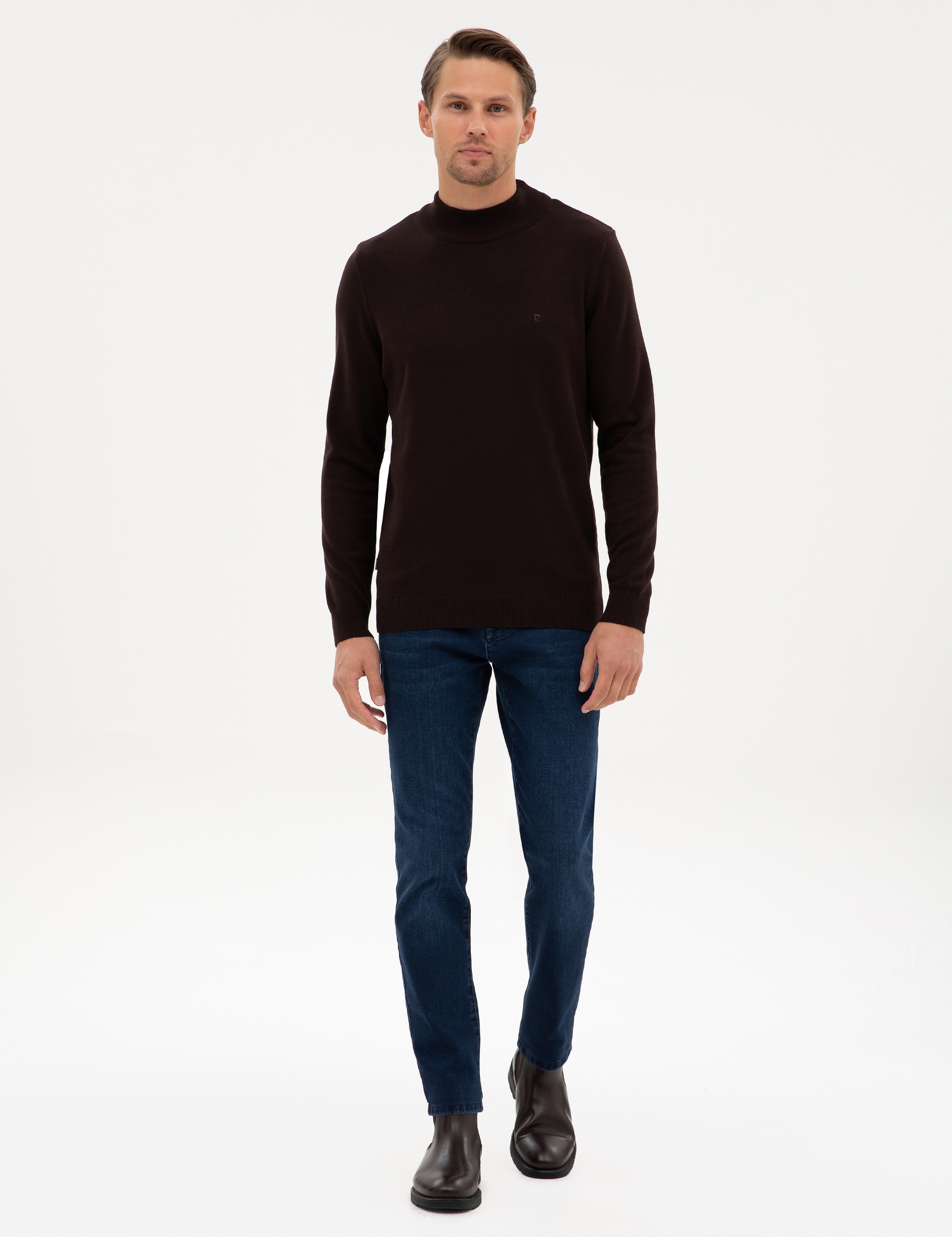 Koyu Kahverengi Slim Fit Yarım Balıkçı Yaka Basic Triko Kazak - Image 4