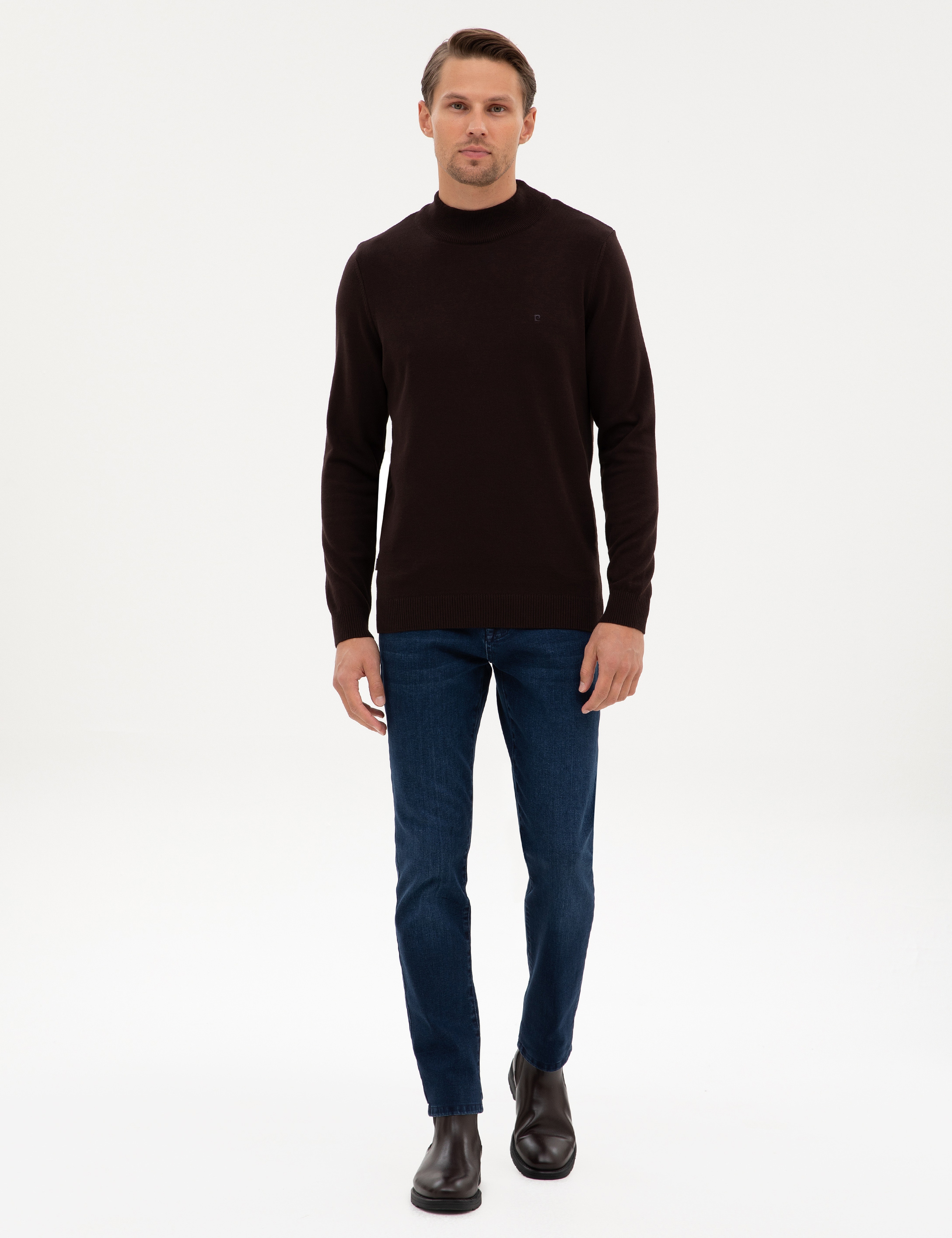 Koyu Kahverengi Slim Fit Yarım Balıkçı Yaka Basic Triko Kazak