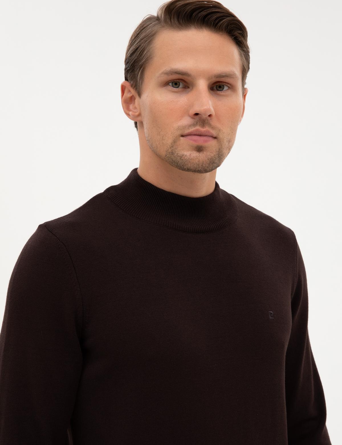 Koyu Kahverengi Slim Fit Yarım Balıkçı Yaka Basic Triko Kazak - 50315457033