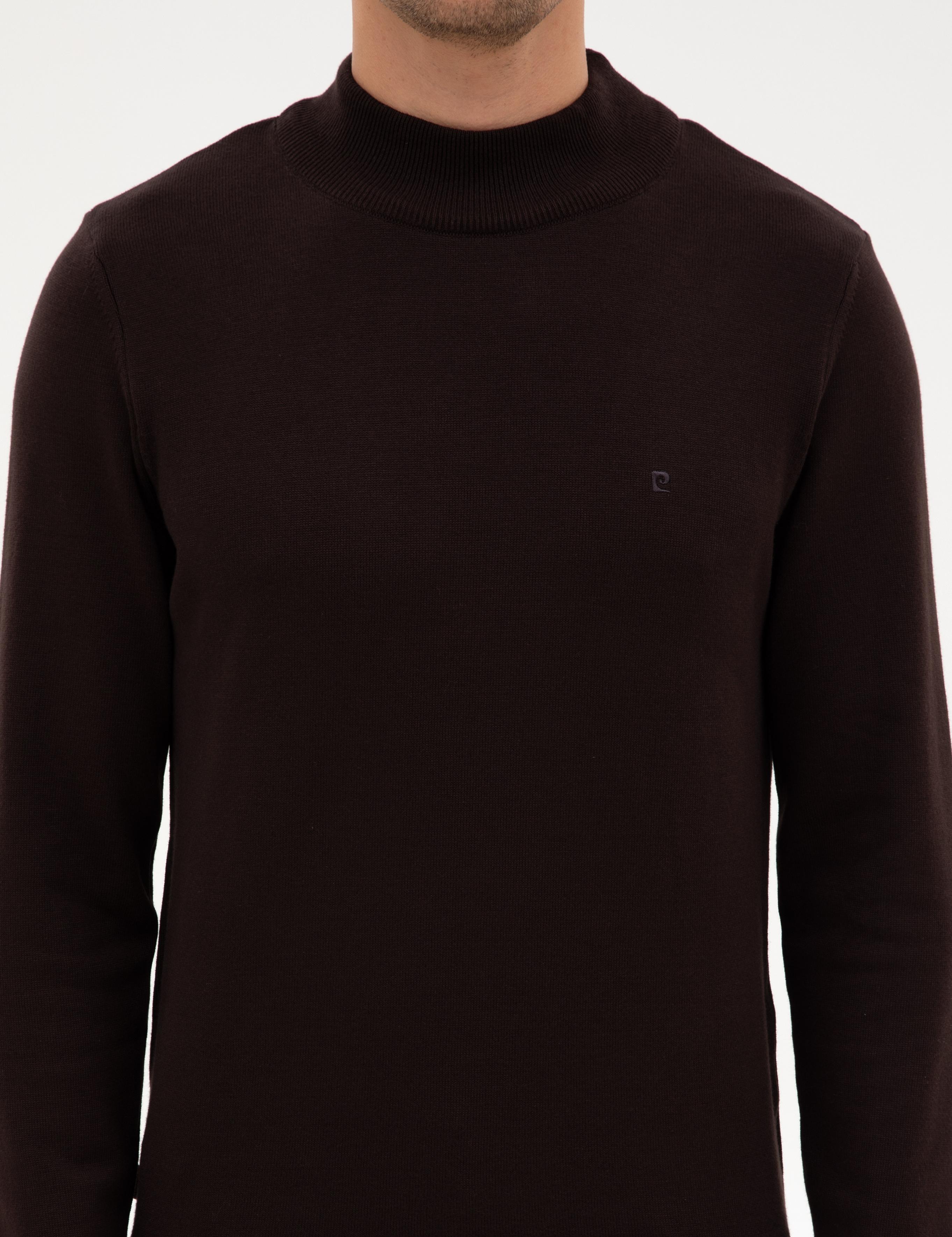 Koyu Kahverengi Slim Fit Yarım Balıkçı Yaka Basic Triko Kazak