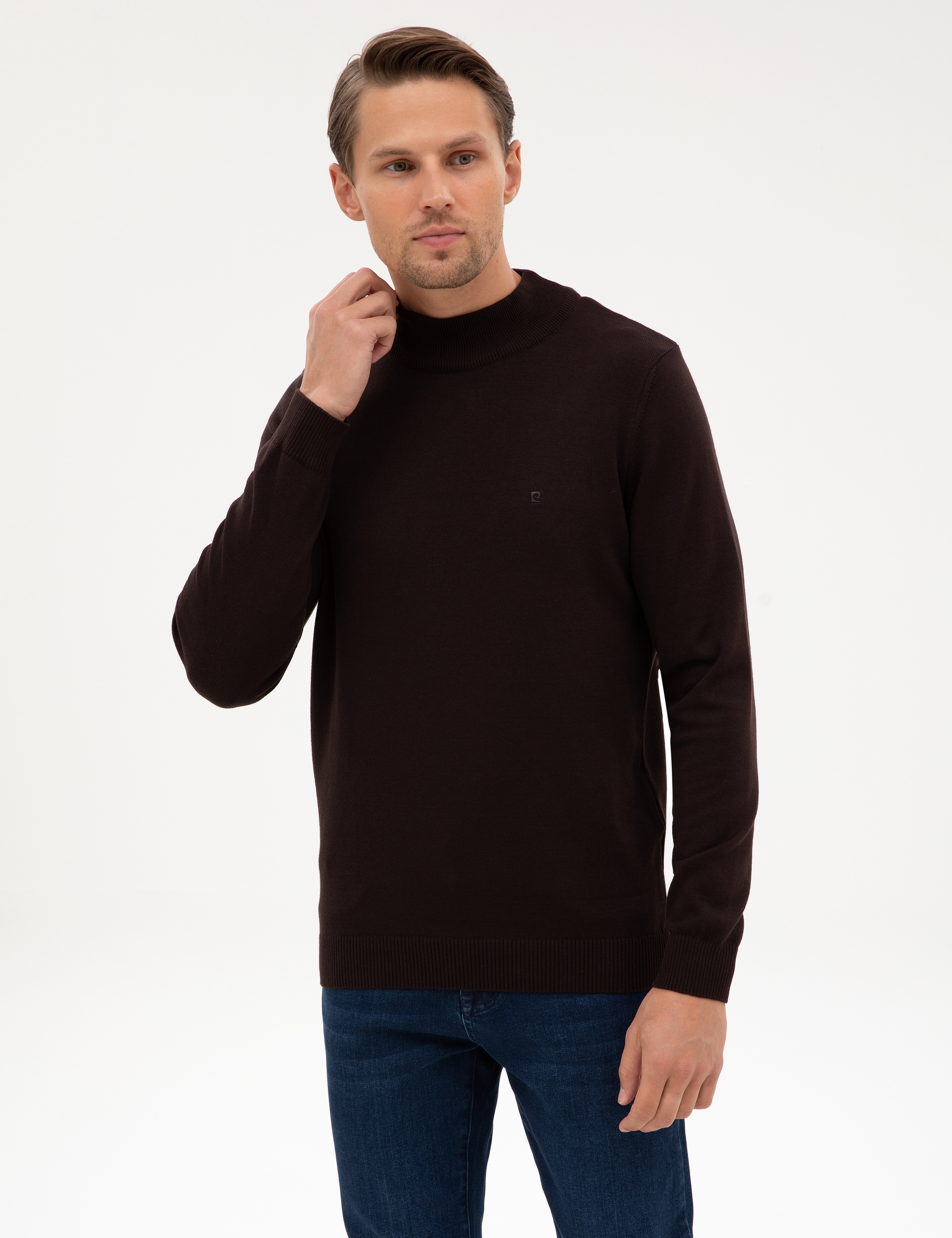 Koyu Kahverengi Slim Fit Yarım Balıkçı Yaka Basic Triko Kazak - Image 1