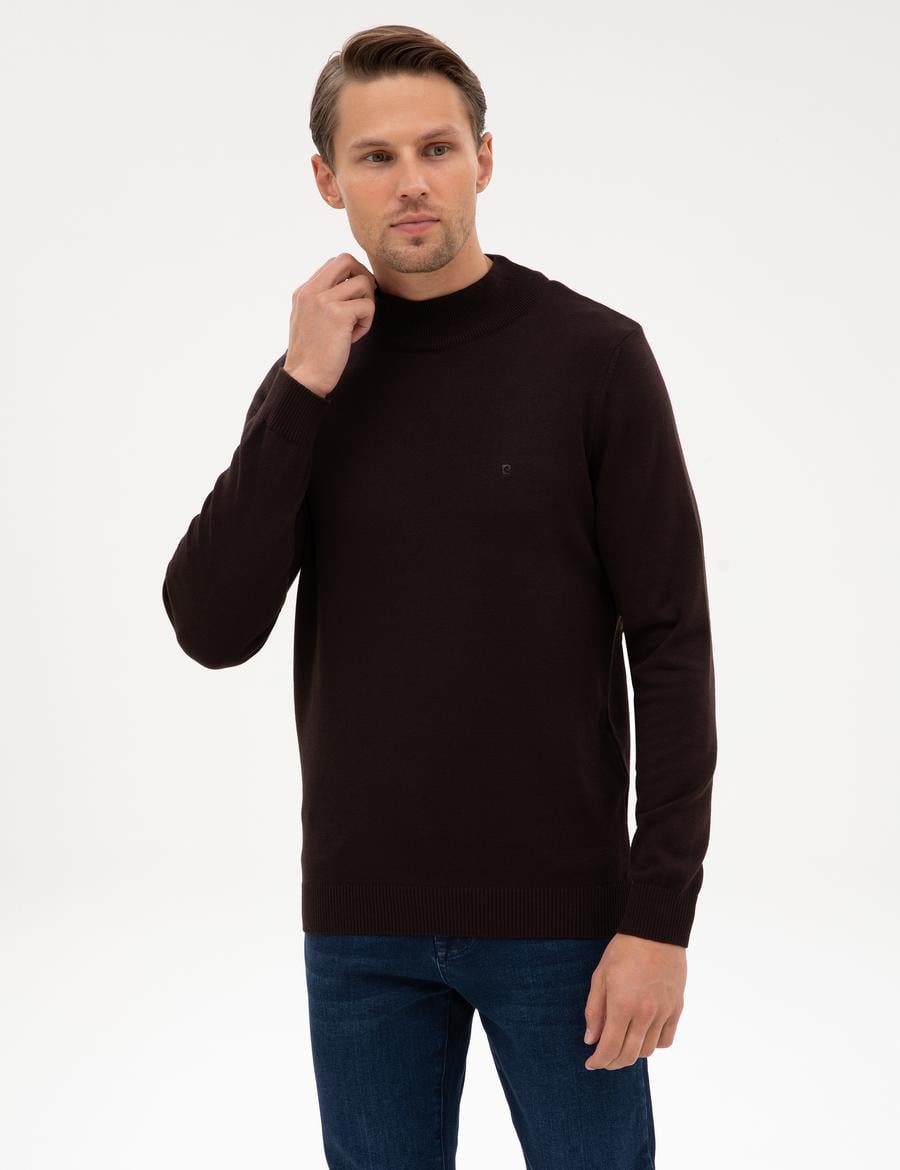 Koyu Kahverengi Slim Fit Yarım Balıkçı Yaka Basic Triko Kazak