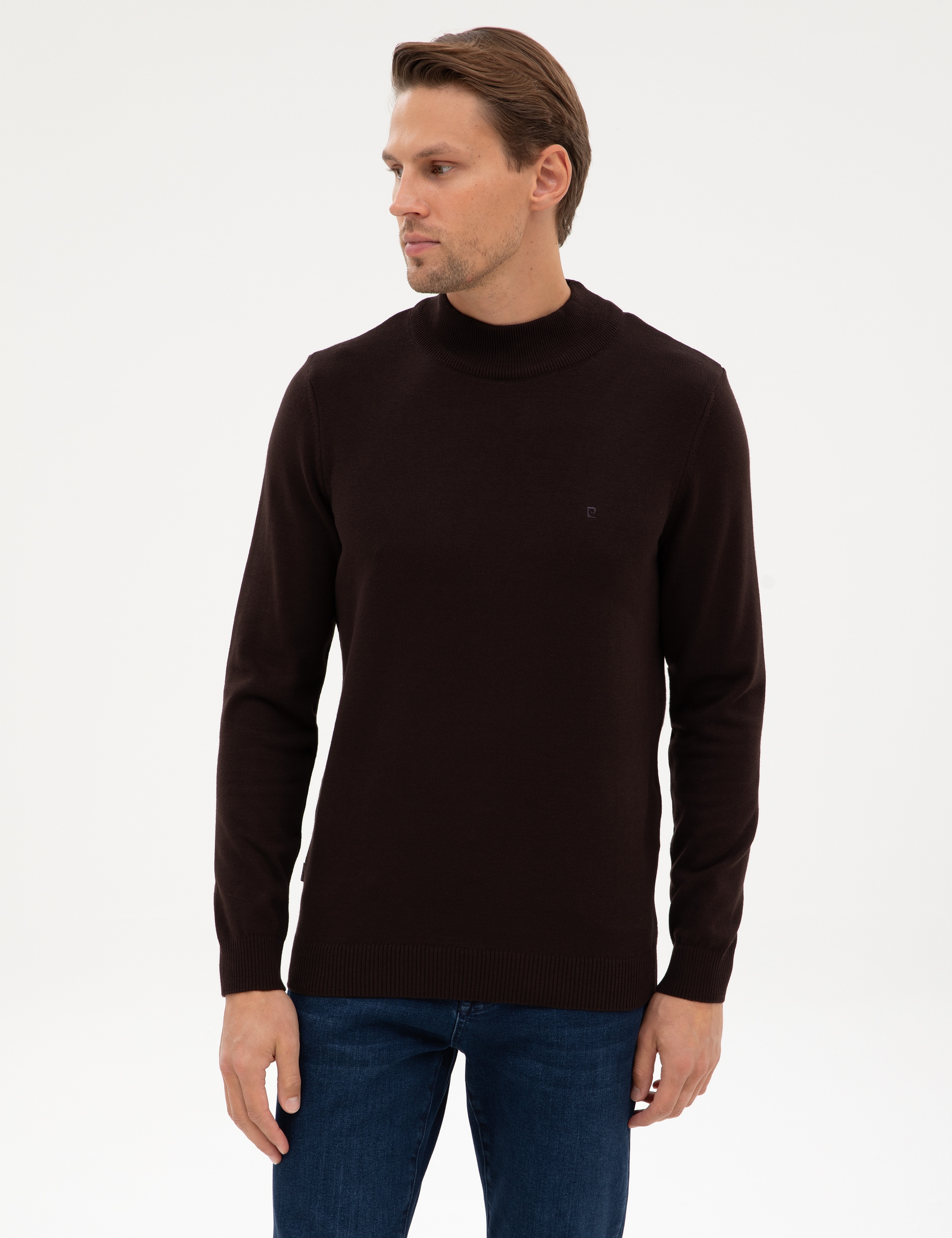 Koyu Kahverengi Slim Fit Yarım Balıkçı Yaka Basic Triko Kazak - Image 3