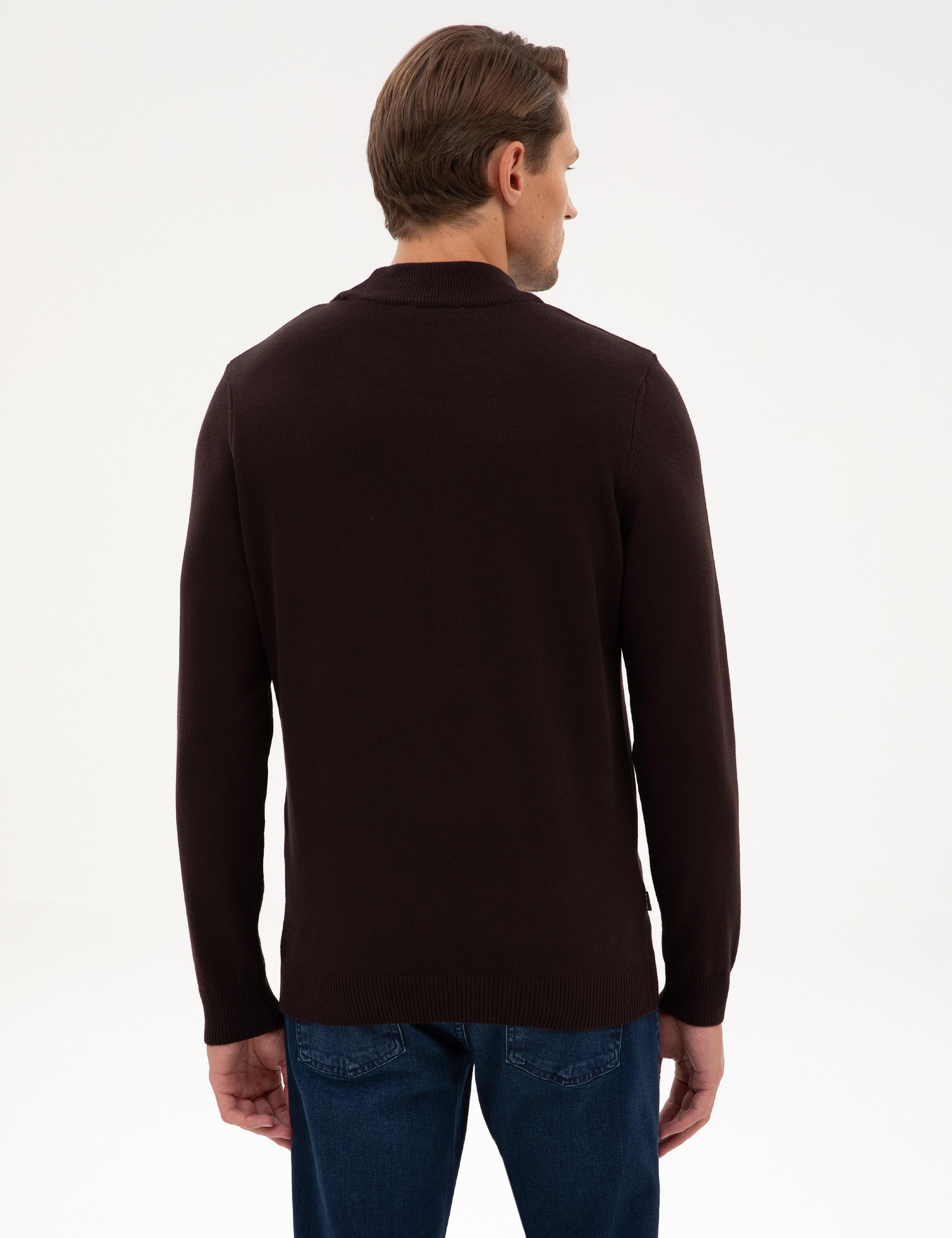 Koyu Kahverengi Slim Fit Yarım Balıkçı Yaka Basic Triko Kazak