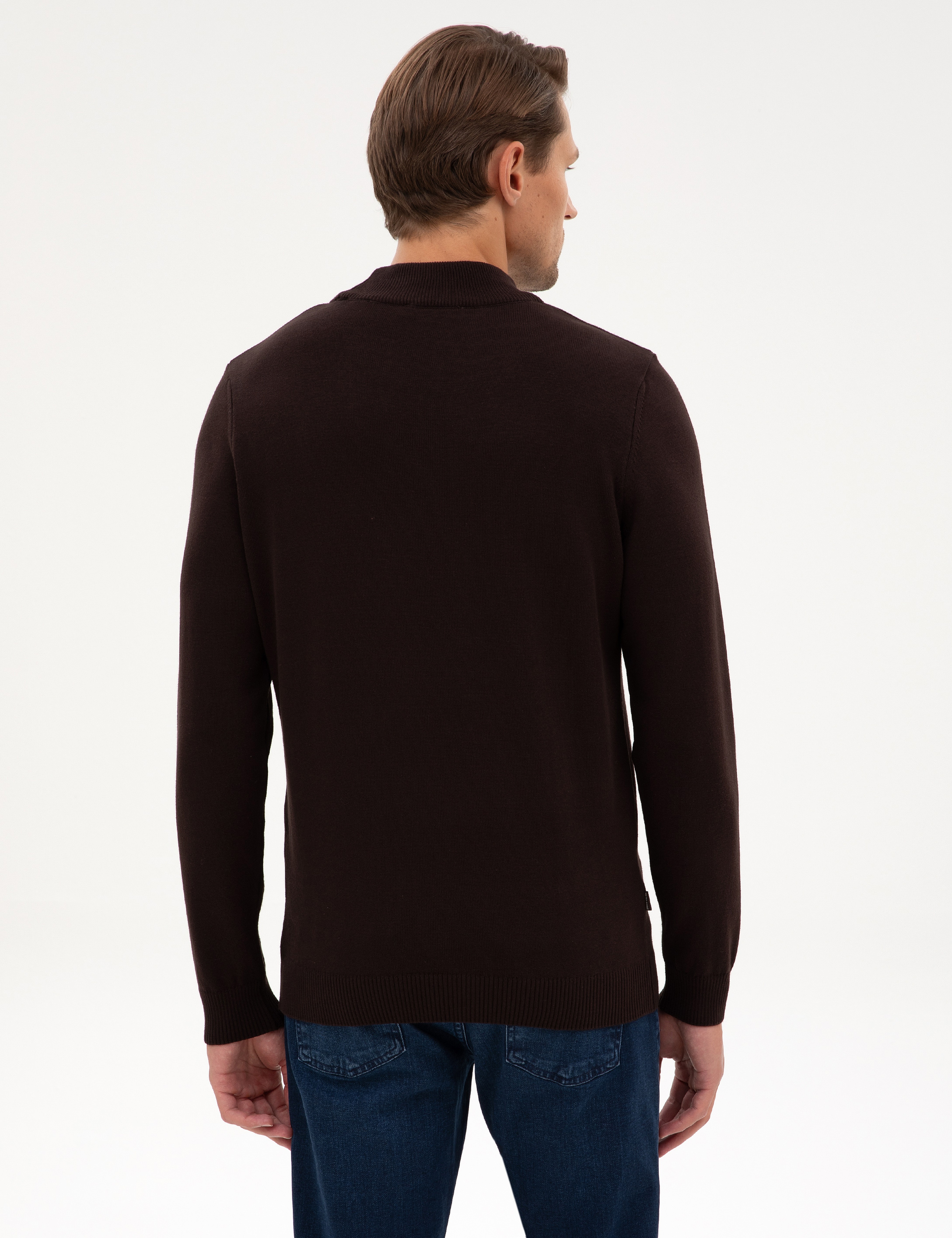 Koyu Kahverengi Slim Fit Yarım Balıkçı Yaka Basic Triko Kazak - Image 5