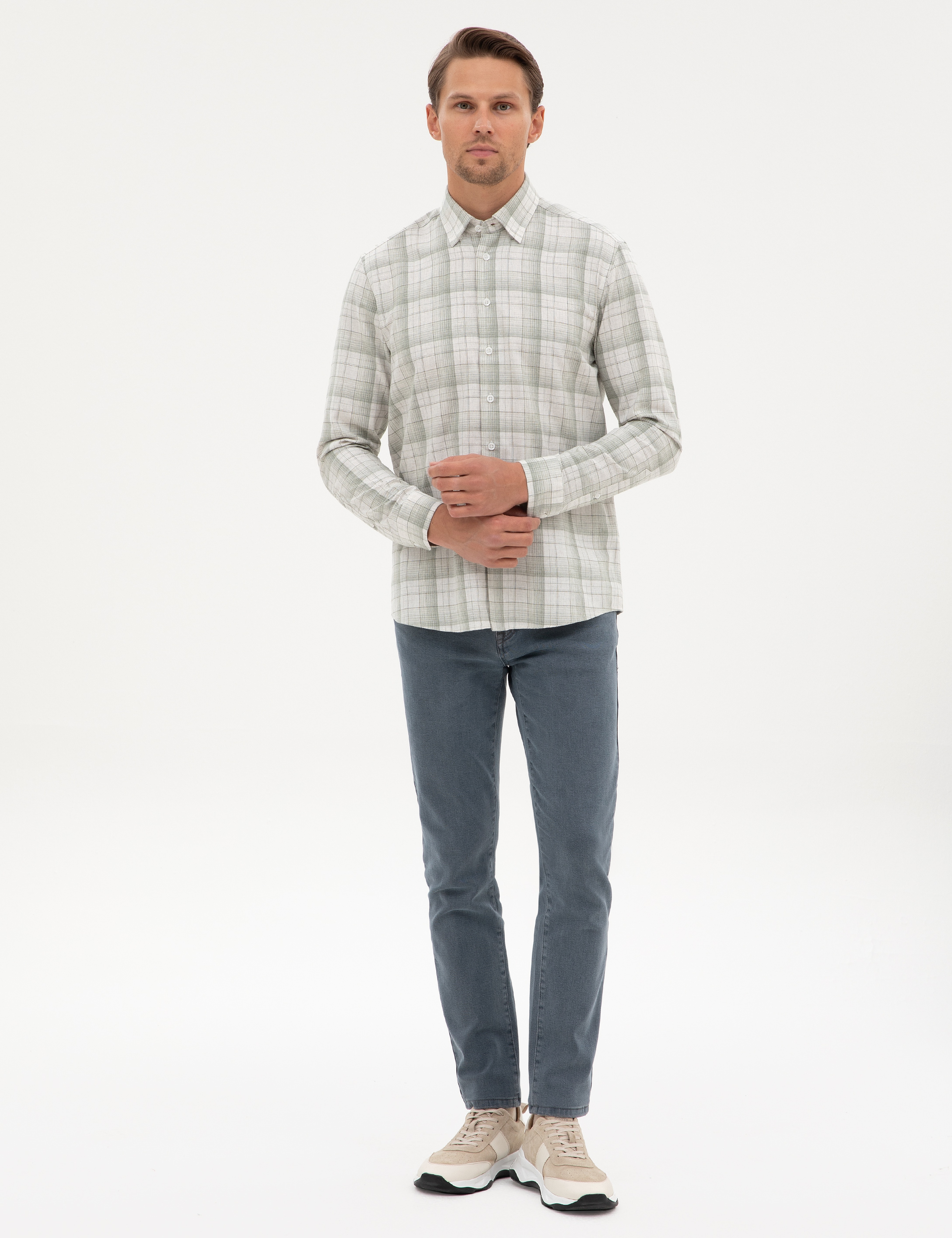Yeşil Ekose Regular Fit Uzun Kollu Gömlek - Image 4