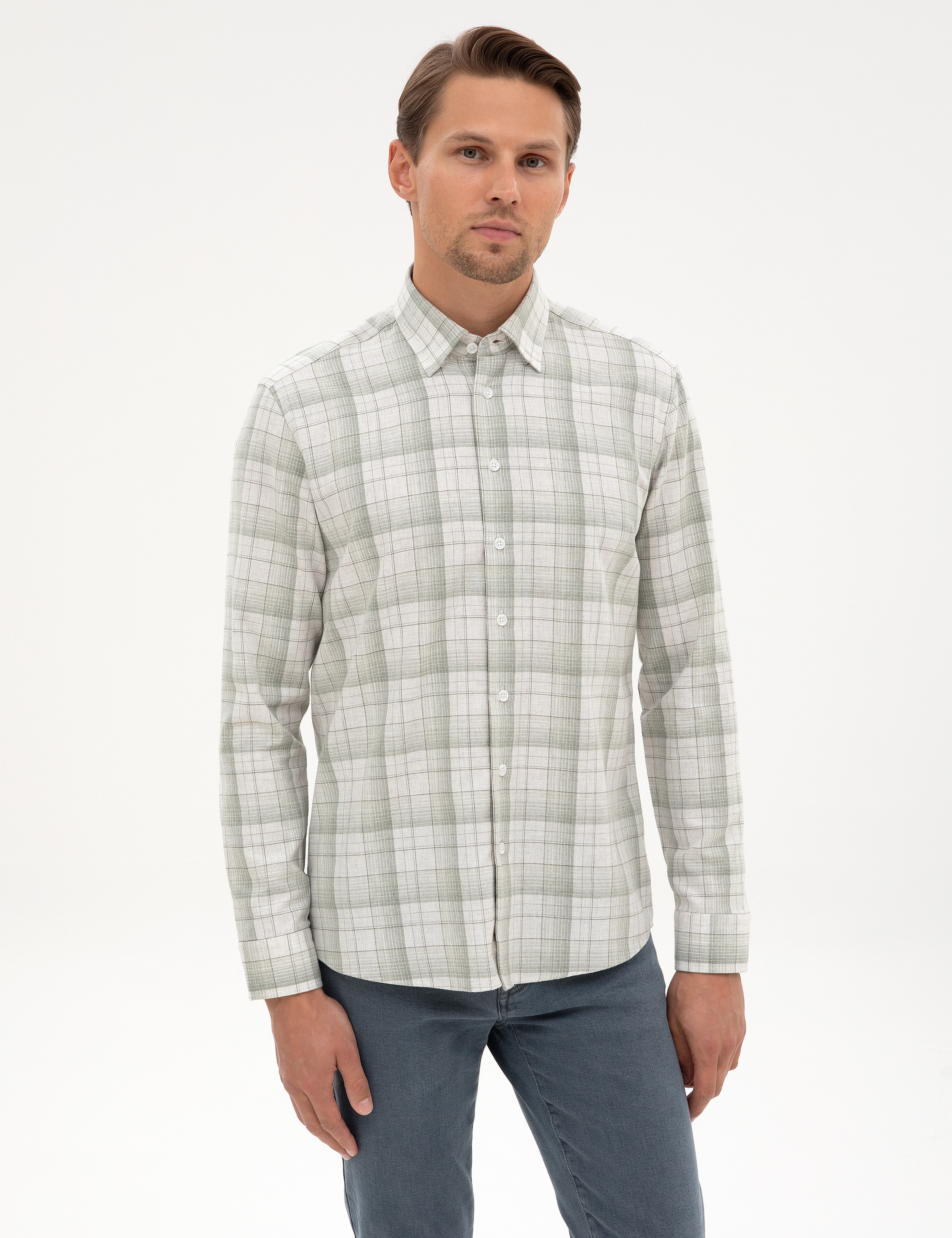 Yeşil Ekose Regular Fit Uzun Kollu Gömlek - Image 1