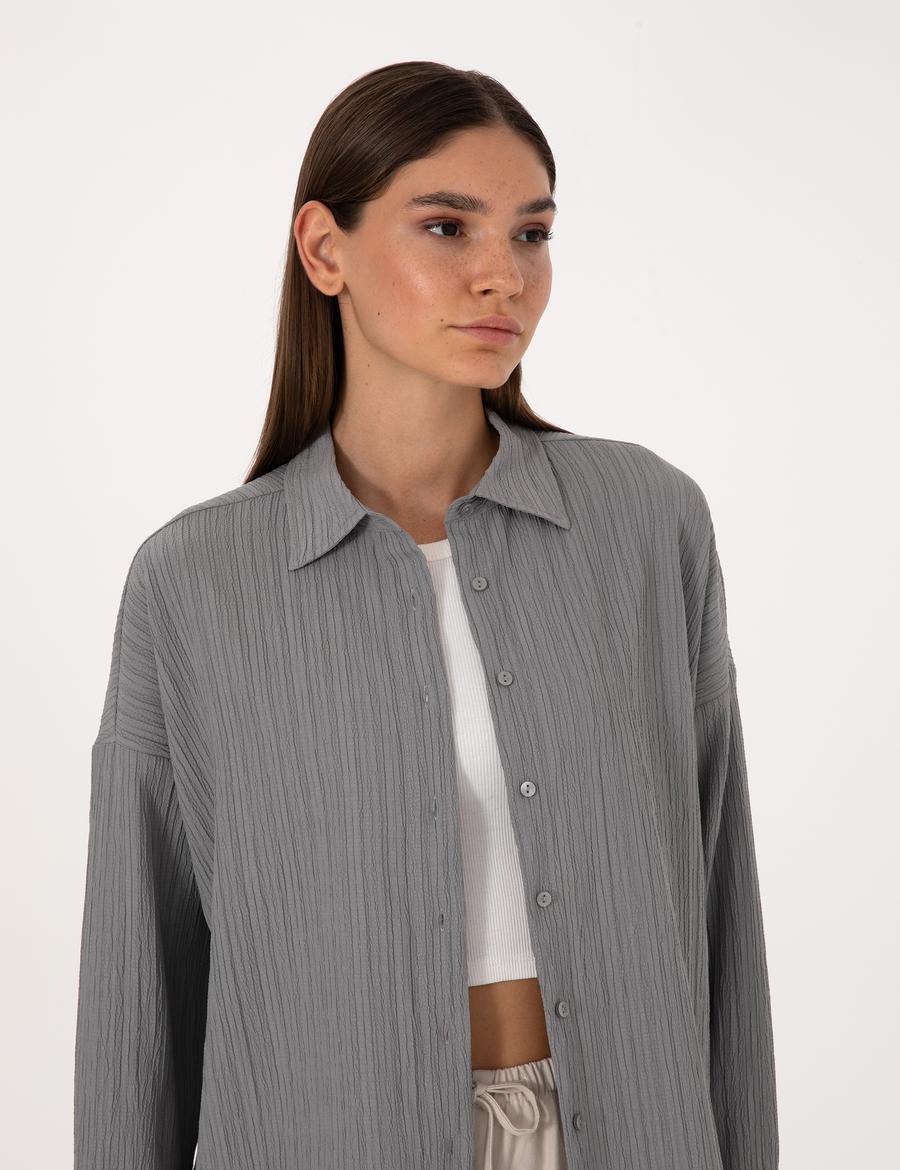 Gri Oversize Uzun Kollu Gömlek