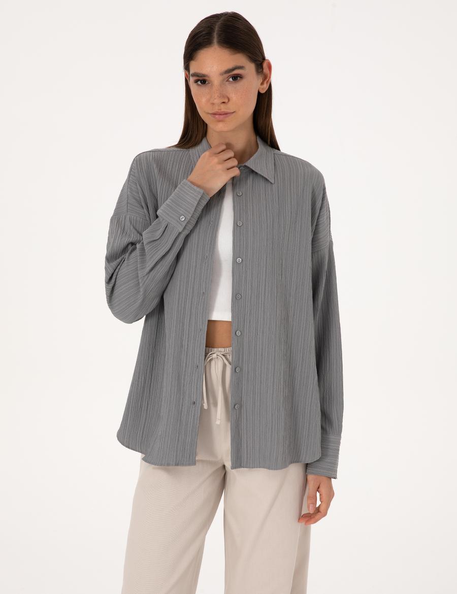 Gri Oversize Uzun Kollu Gömlek