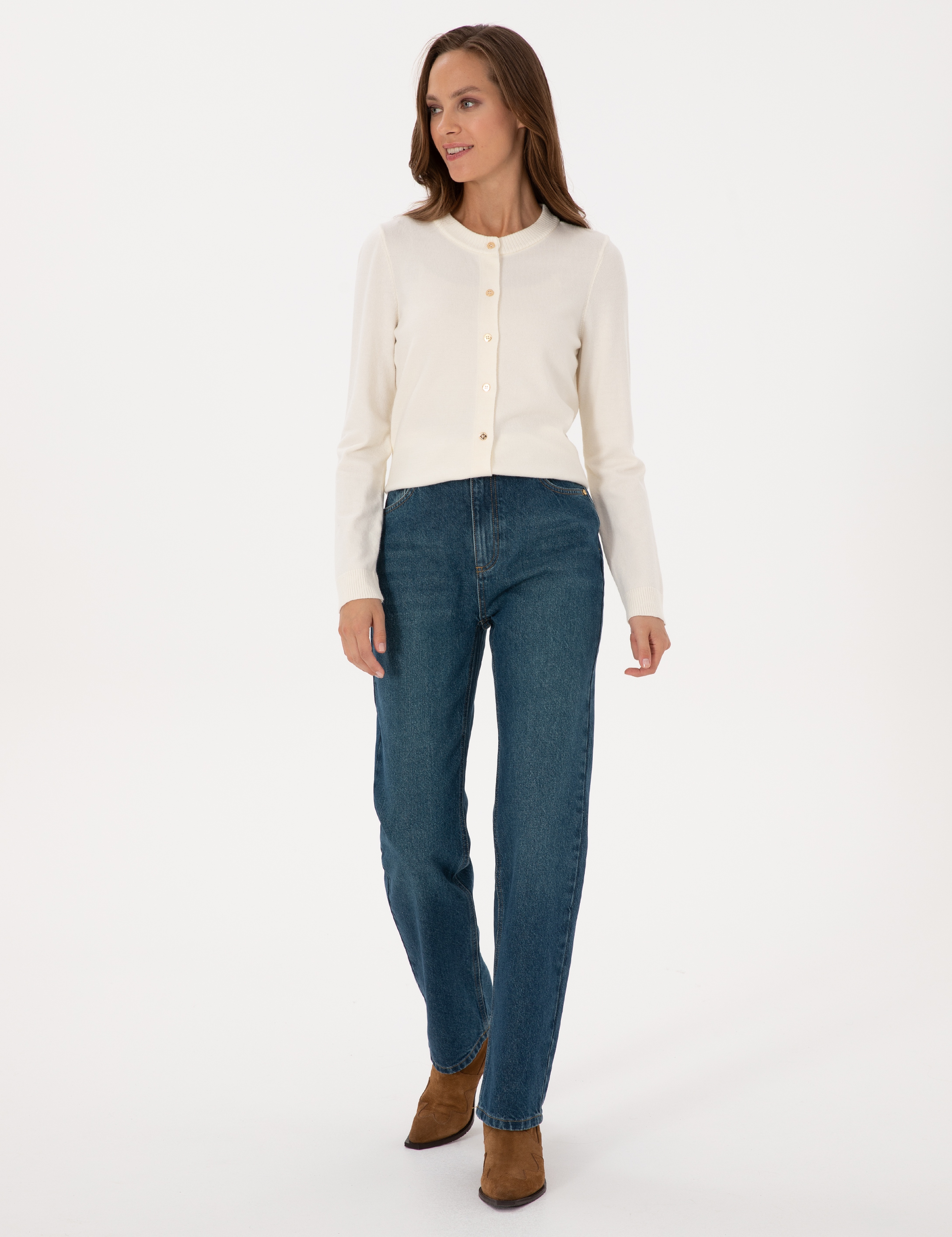 Ekru Slim Fit Triko Hırka - Image 4