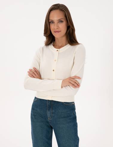 Ekru Slim Fit Triko Hırka