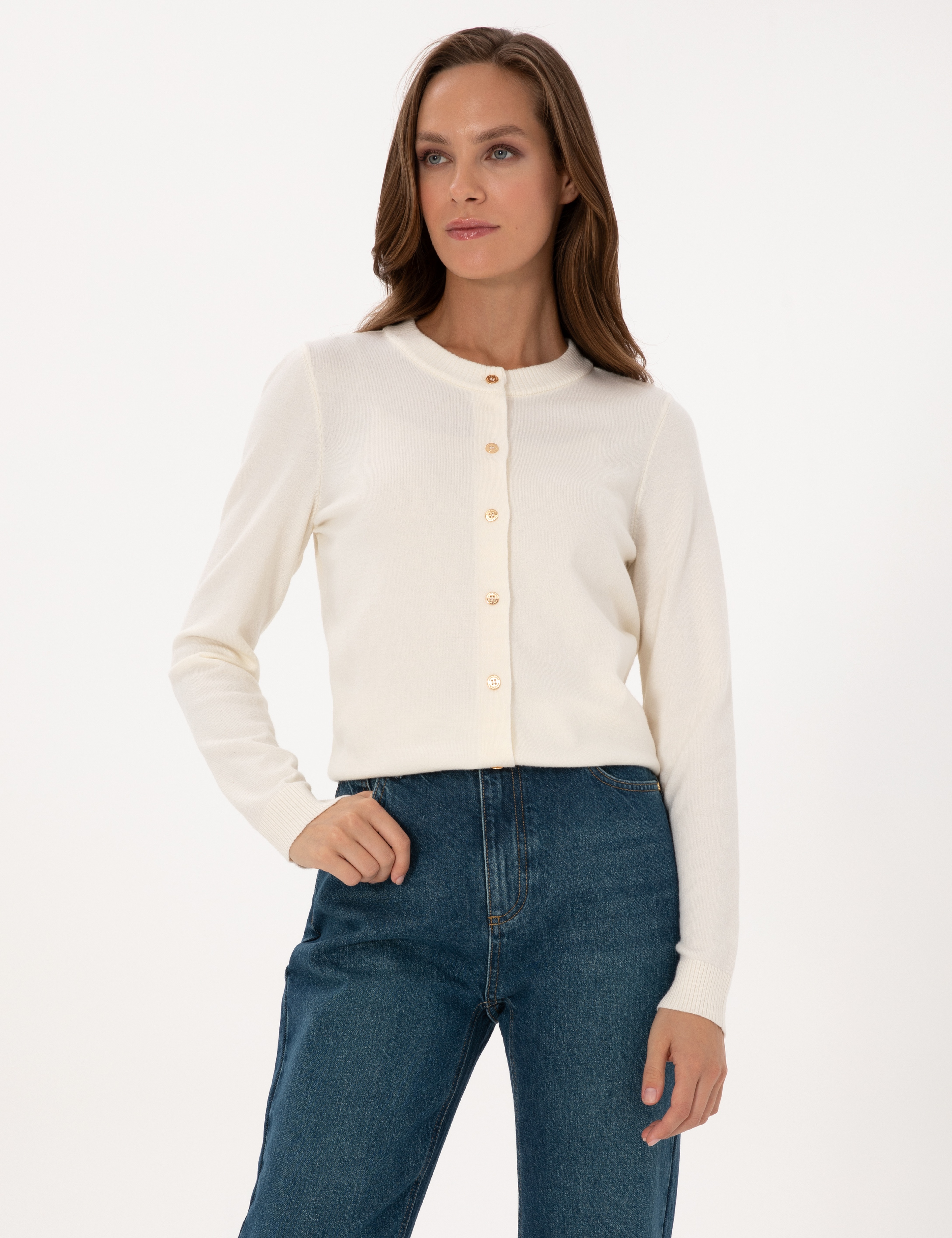 Ekru Slim Fit Triko Hırka - Image 1
