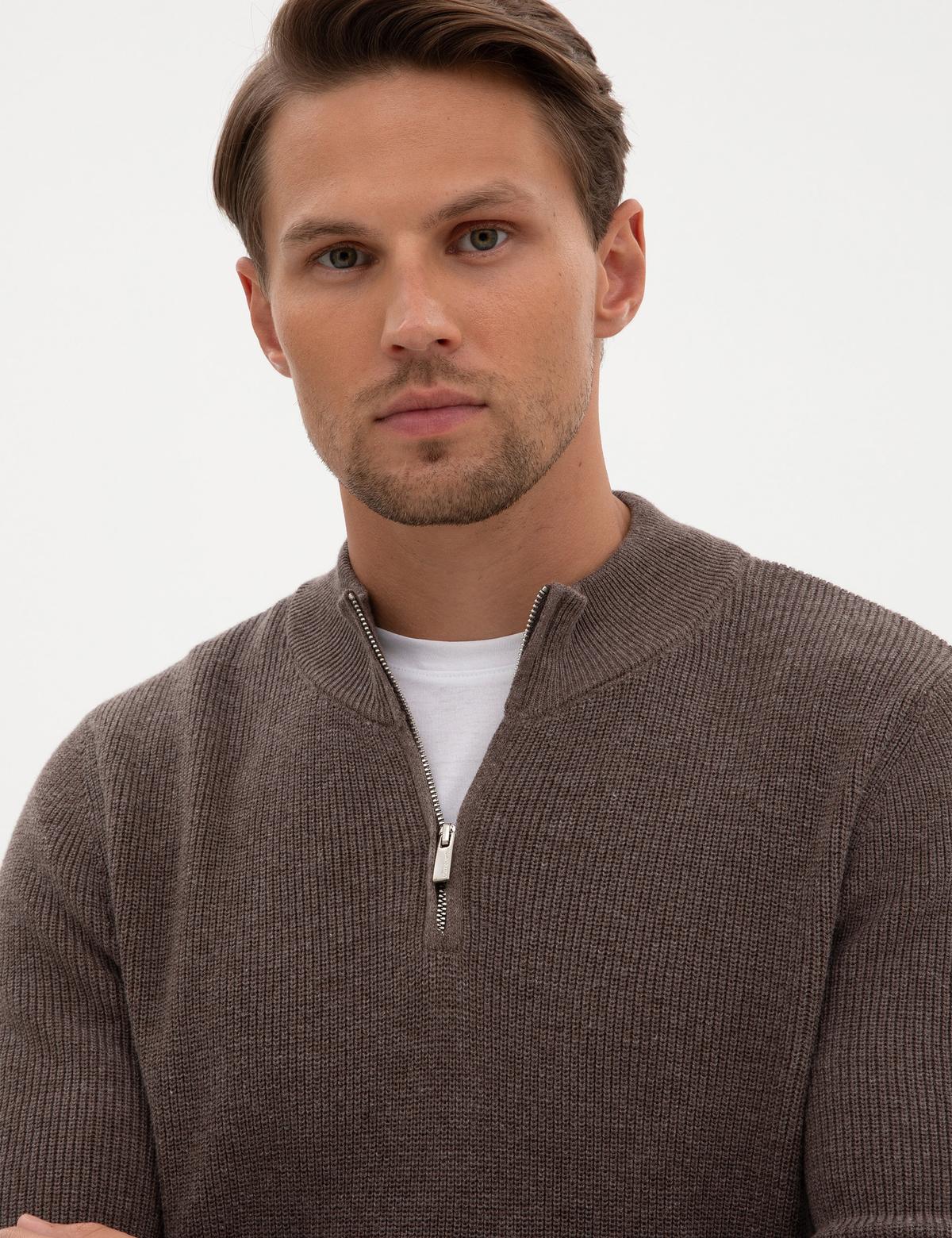 Vizon Melanj Slim Fit Dik Yaka Fermuarlı Triko Kazak - 50317363039