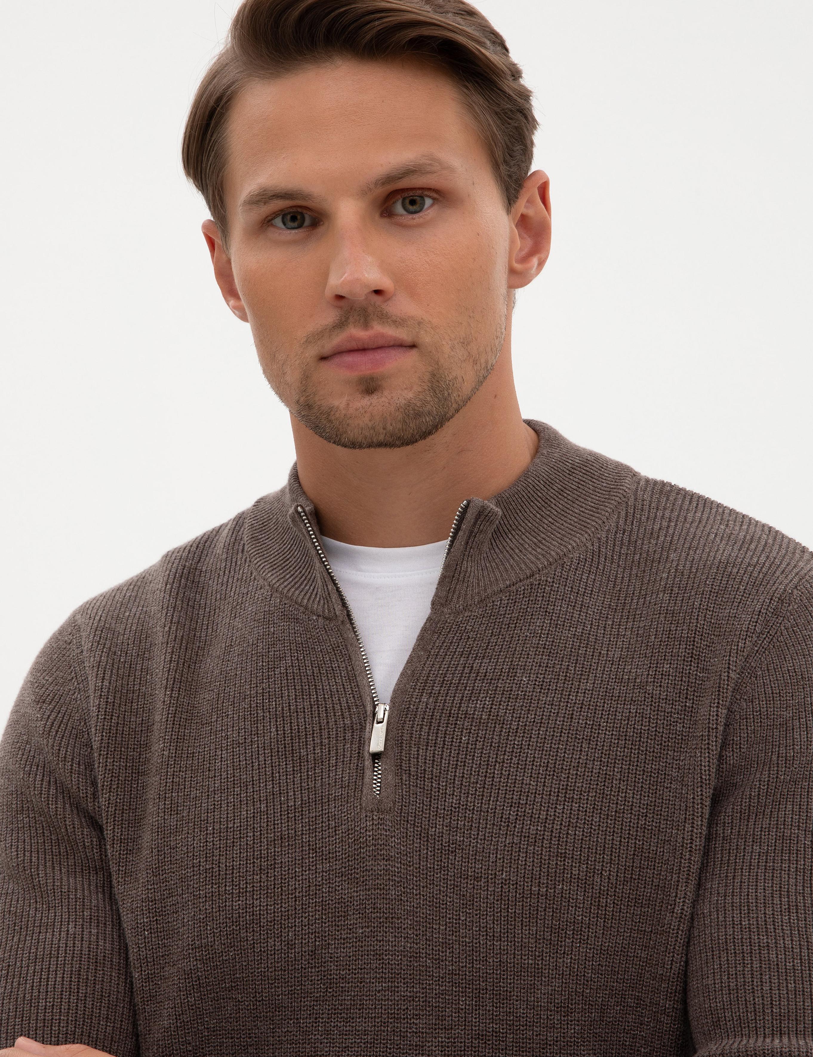 Vizon Melanj Slim Fit Dik Yaka Fermuarlı Triko Kazak