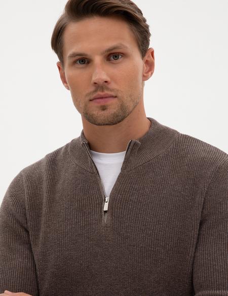 Vizon Melanj Slim Fit Dik Yaka Fermuarlı Triko Kazak - 50317363039